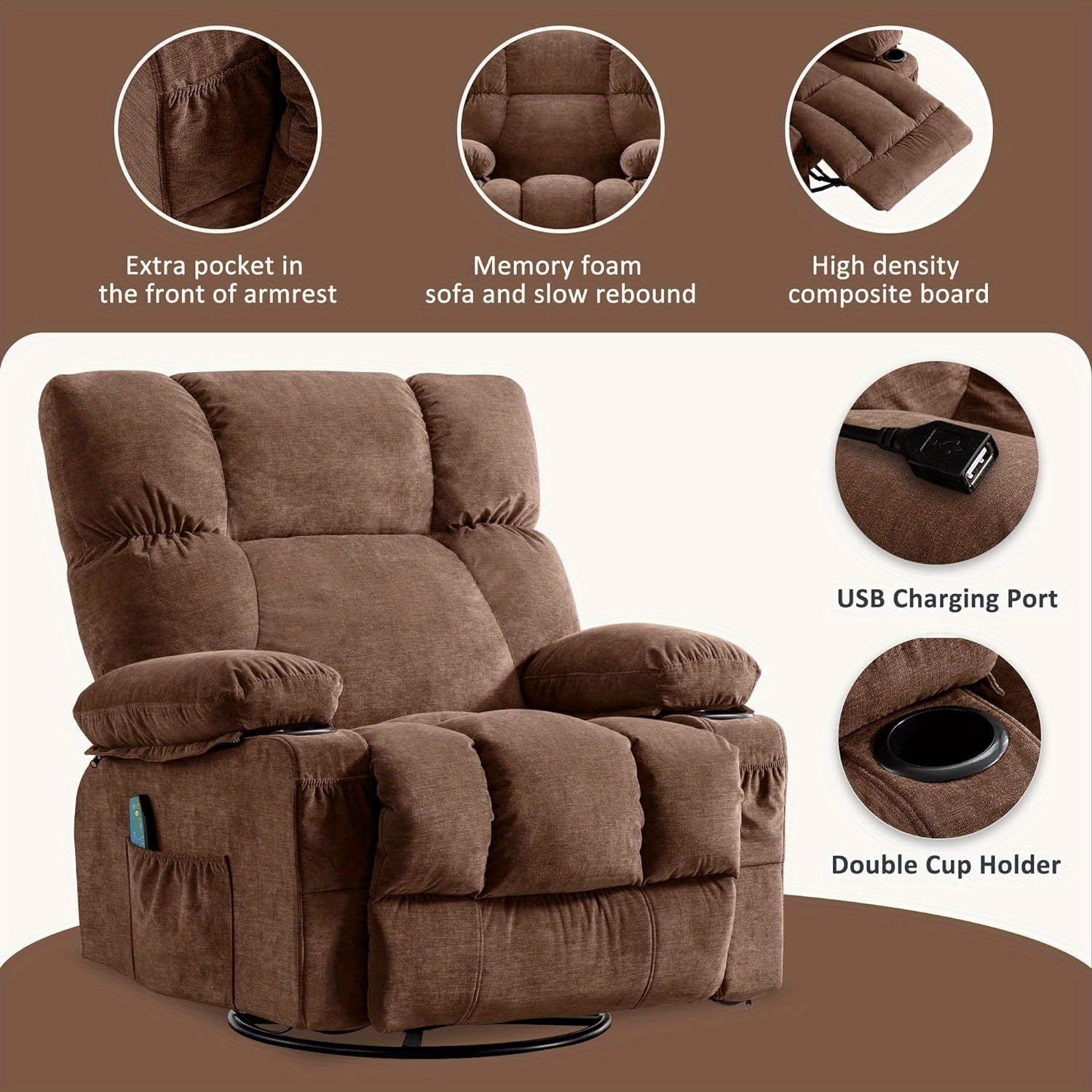 Recliner Chair Soft Fabric Recliner with Heat and Massage Oversized Recliner Chair Recliner Chairs for Adults Manual Rocking Recliner Chair Big and Tall with 2 Cup Holders for Living Room