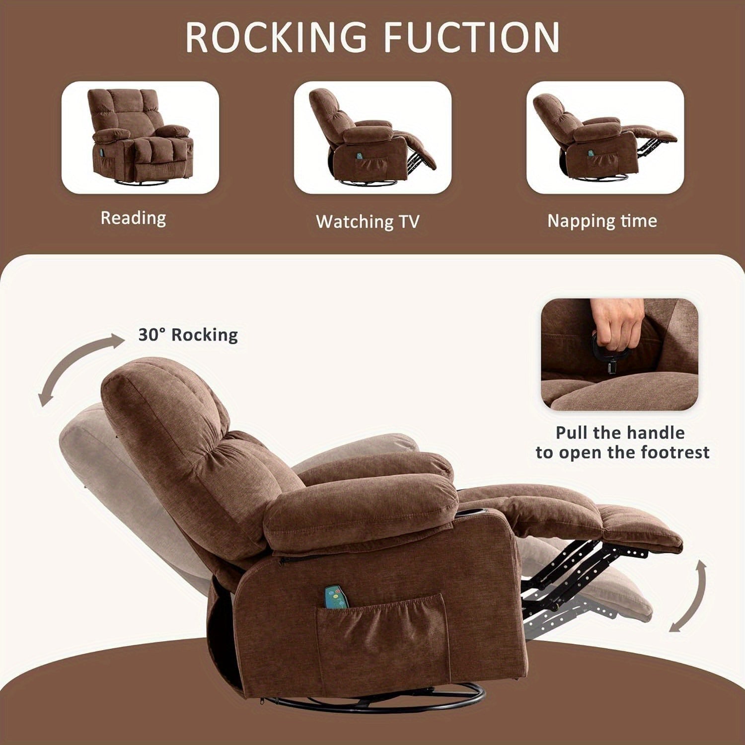 Recliner Chair Soft Fabric Recliner with Heat and Massage Oversized Recliner Chair Recliner Chairs for Adults Manual Rocking Recliner Chair Big and Tall with 2 Cup Holders for Living Room