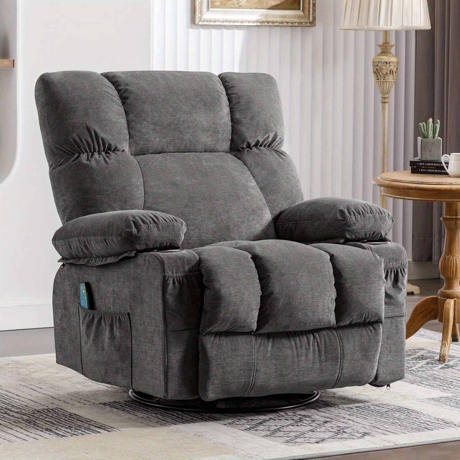 Recliner Chair Soft Fabric Recliner with Heat and Massage Oversized Recliner Chair Recliner Chairs for Adults Manual Rocking Recliner Chair Big and Tall with 2 Cup Holders for Living Room