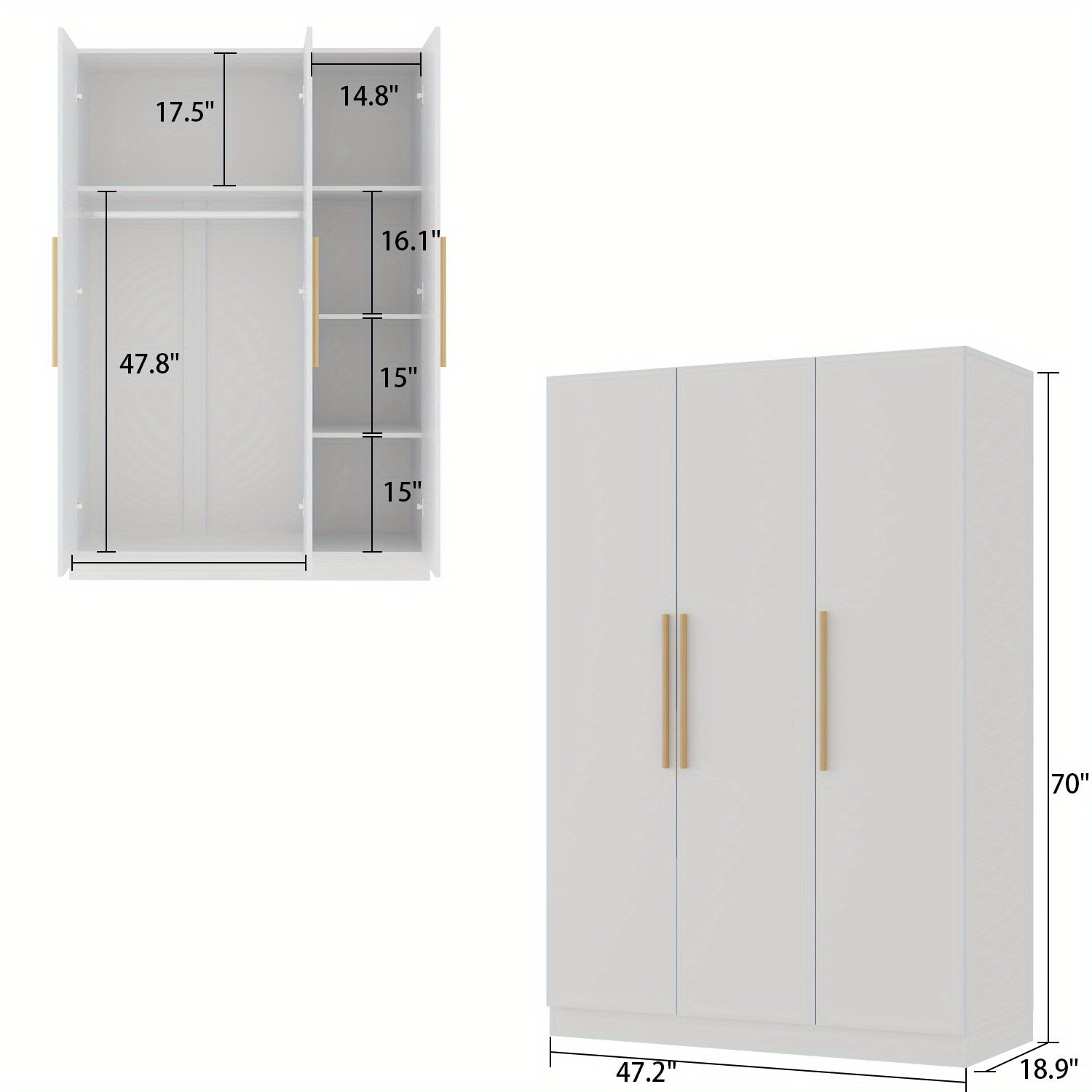 47.2" Armoire Clothes Storage with Solid Wood Handles, White Wardrobe