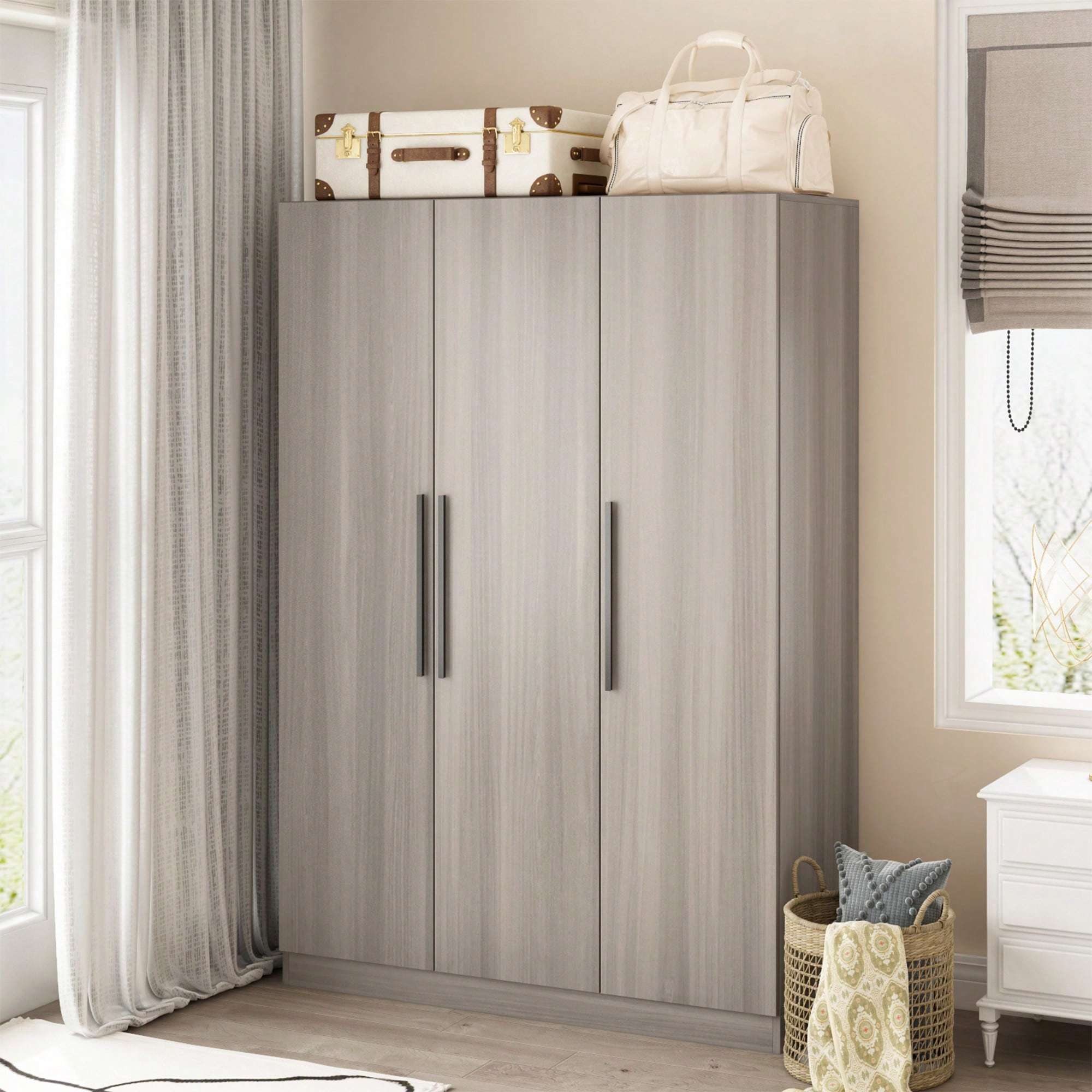 47.2’’ Armoire Clothes Storage with Solid Wood Handles White Wardrobe - Brown - Wardrobe & Armoire’s Westberry Furniture
