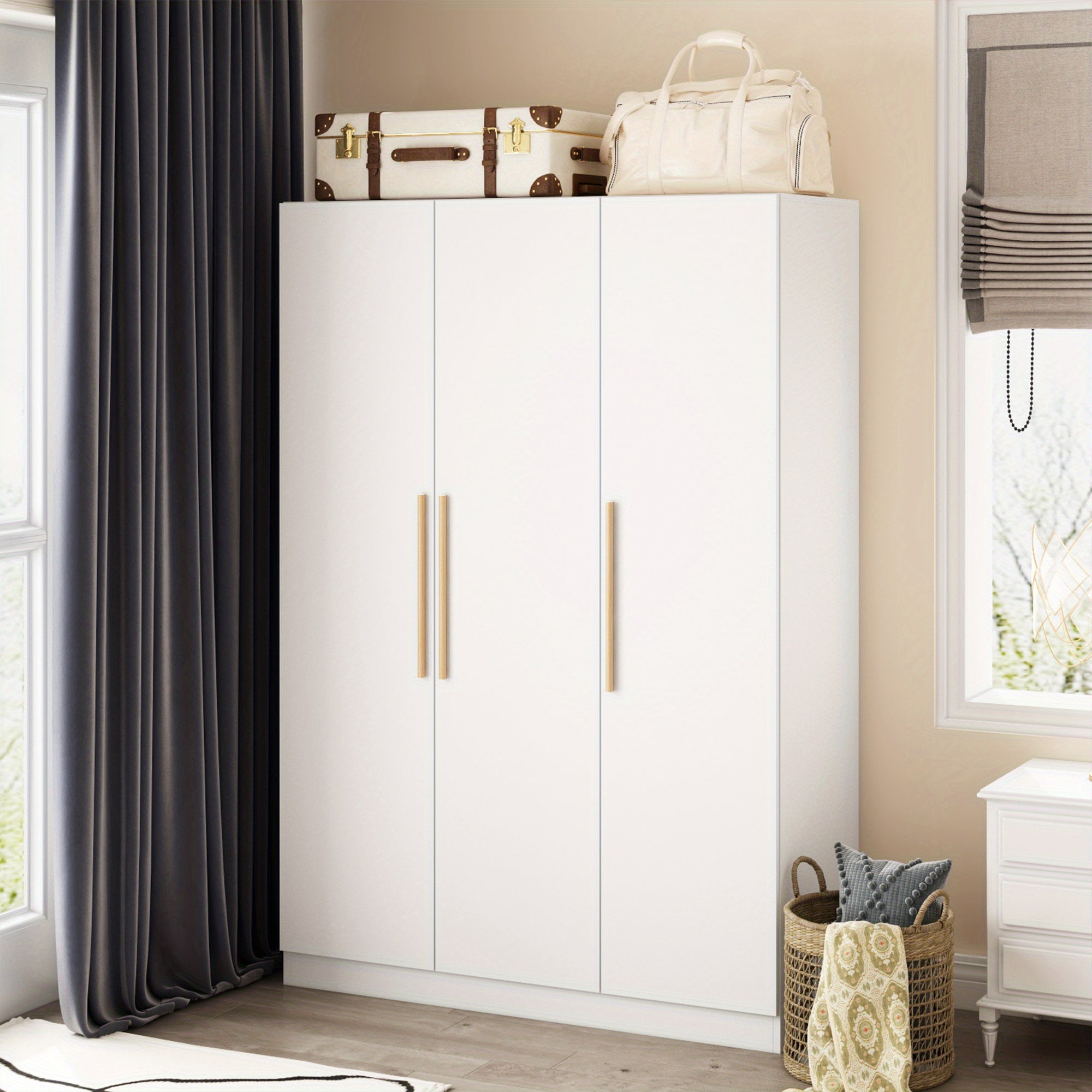 47.2’’ Armoire Clothes Storage with Solid Wood Handles White Wardrobe - White - Wardrobe & Armoire’s Westberry Furniture