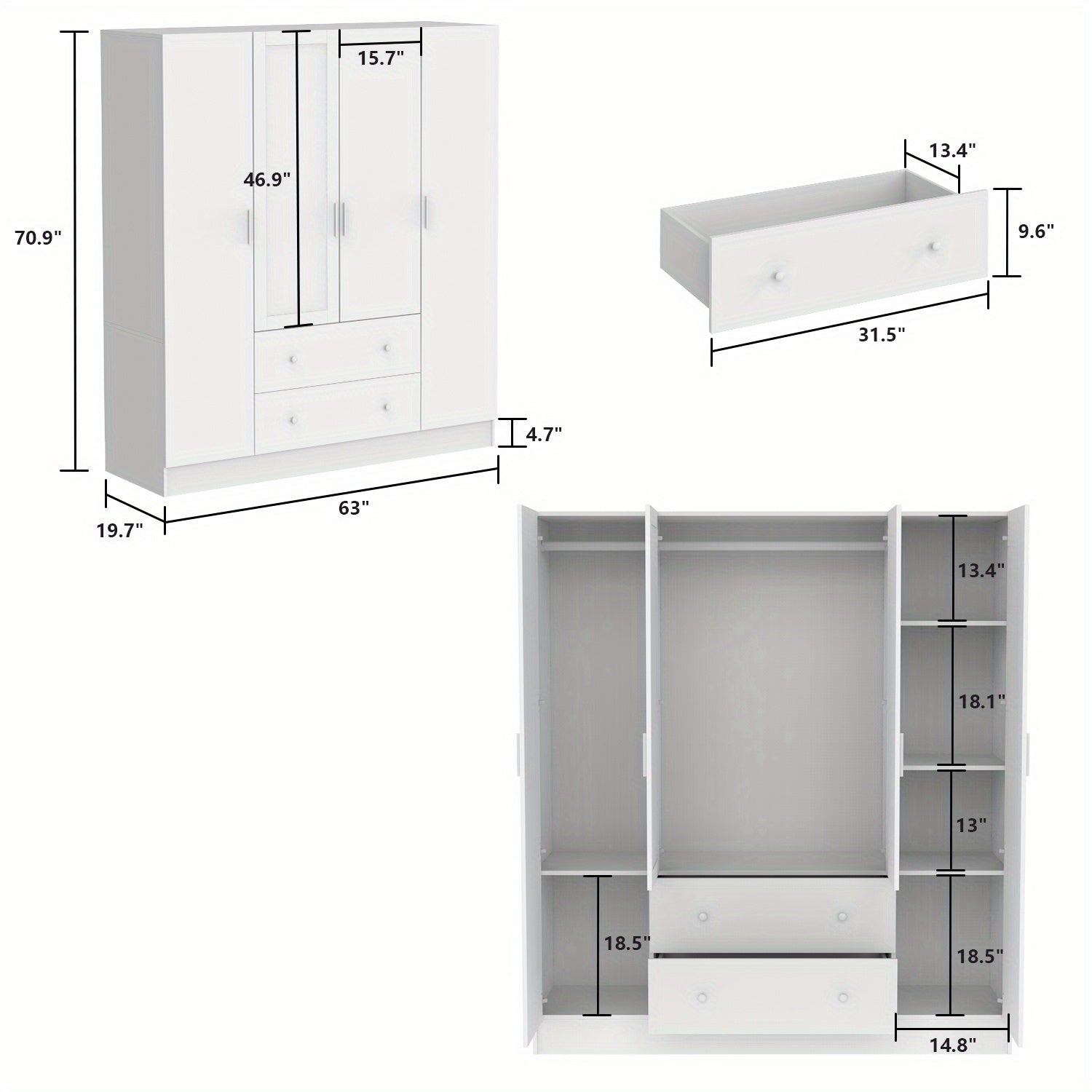 Wardrobe Closet with Mirror, Armoire with 2 Drawers and 5 Shelves, Penderie Wardrobe Armoire