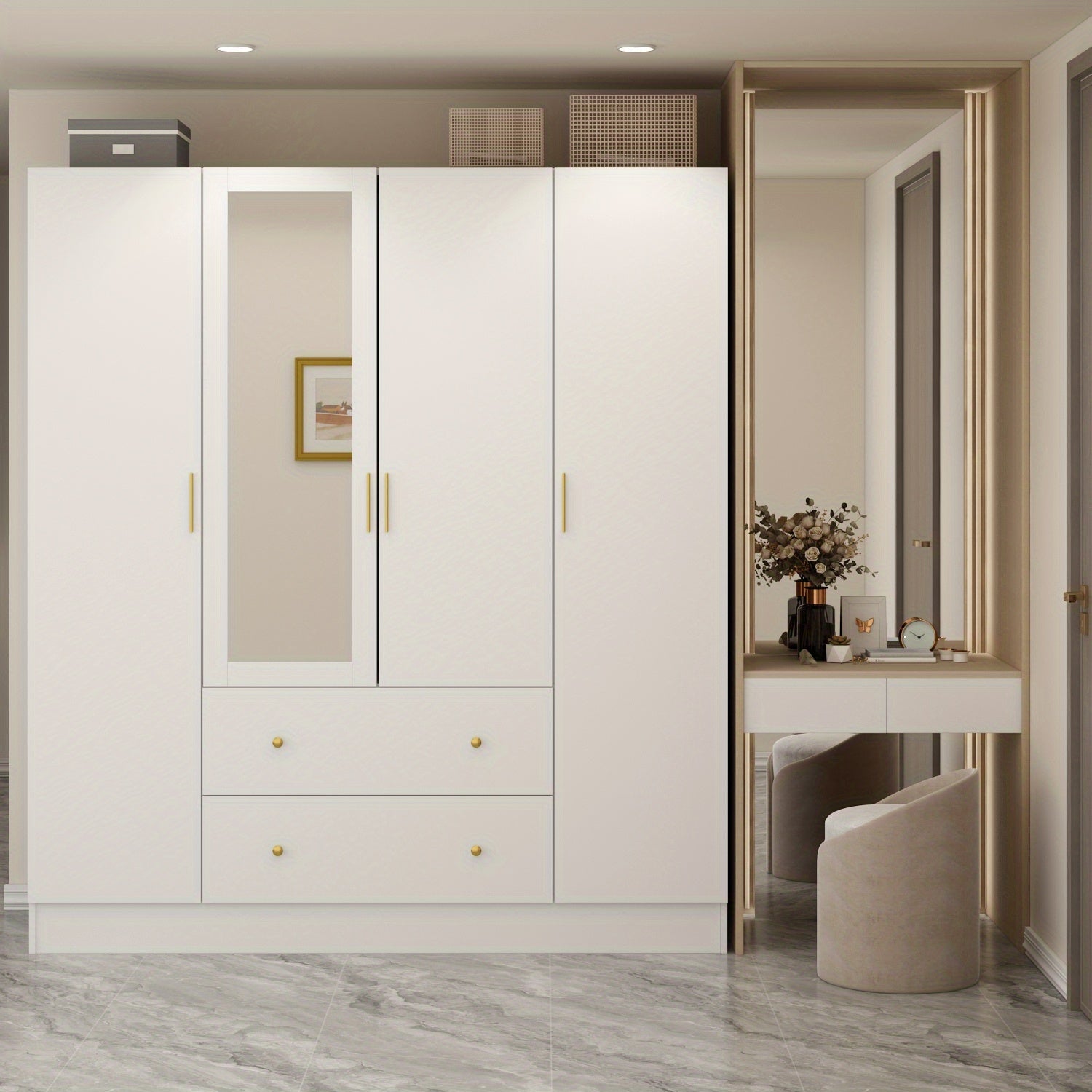 Wardrobe Closet with Mirror, Armoire with 2 Drawers and 5 Shelves, Penderie Wardrobe Armoire