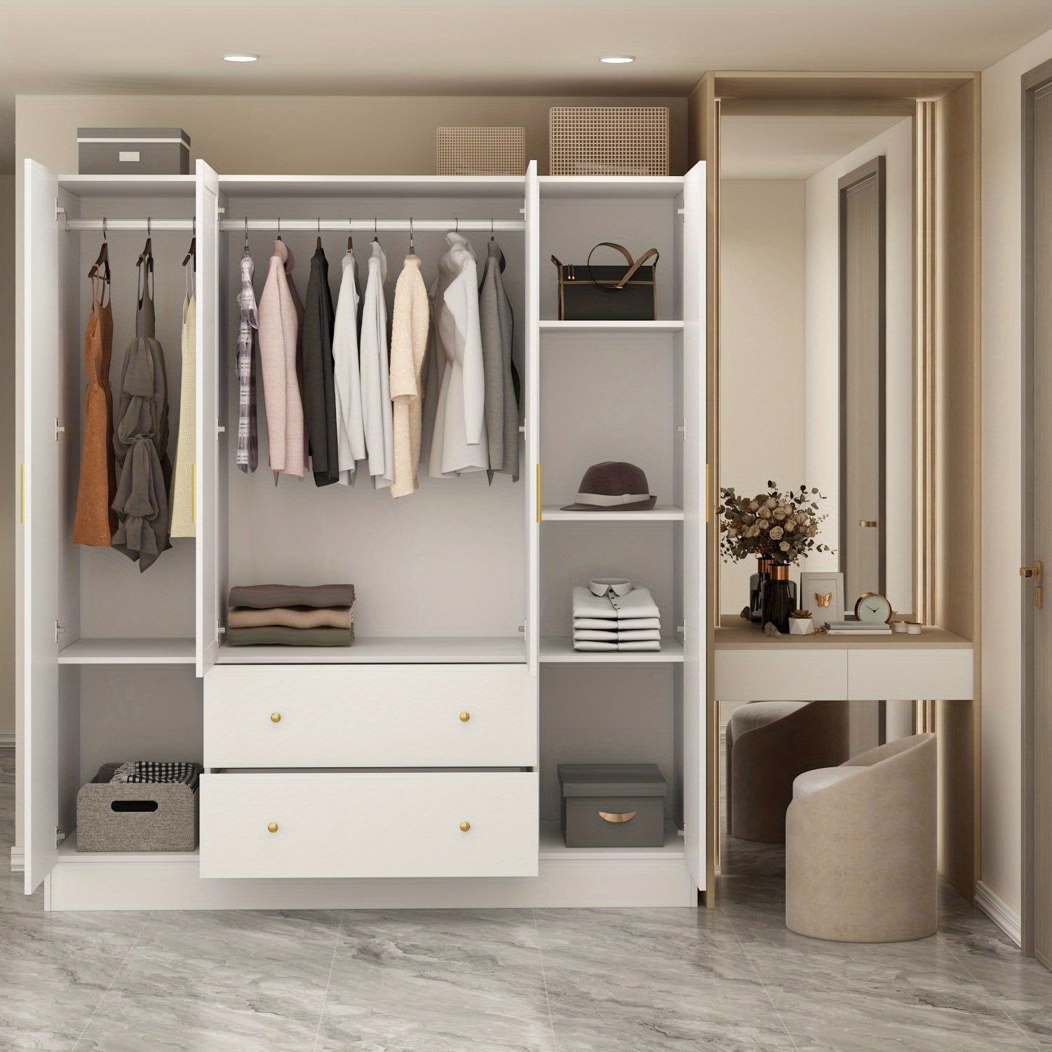 Wardrobe Closet with Mirror, Armoire with 2 Drawers and 5 Shelves, Penderie Wardrobe Armoire