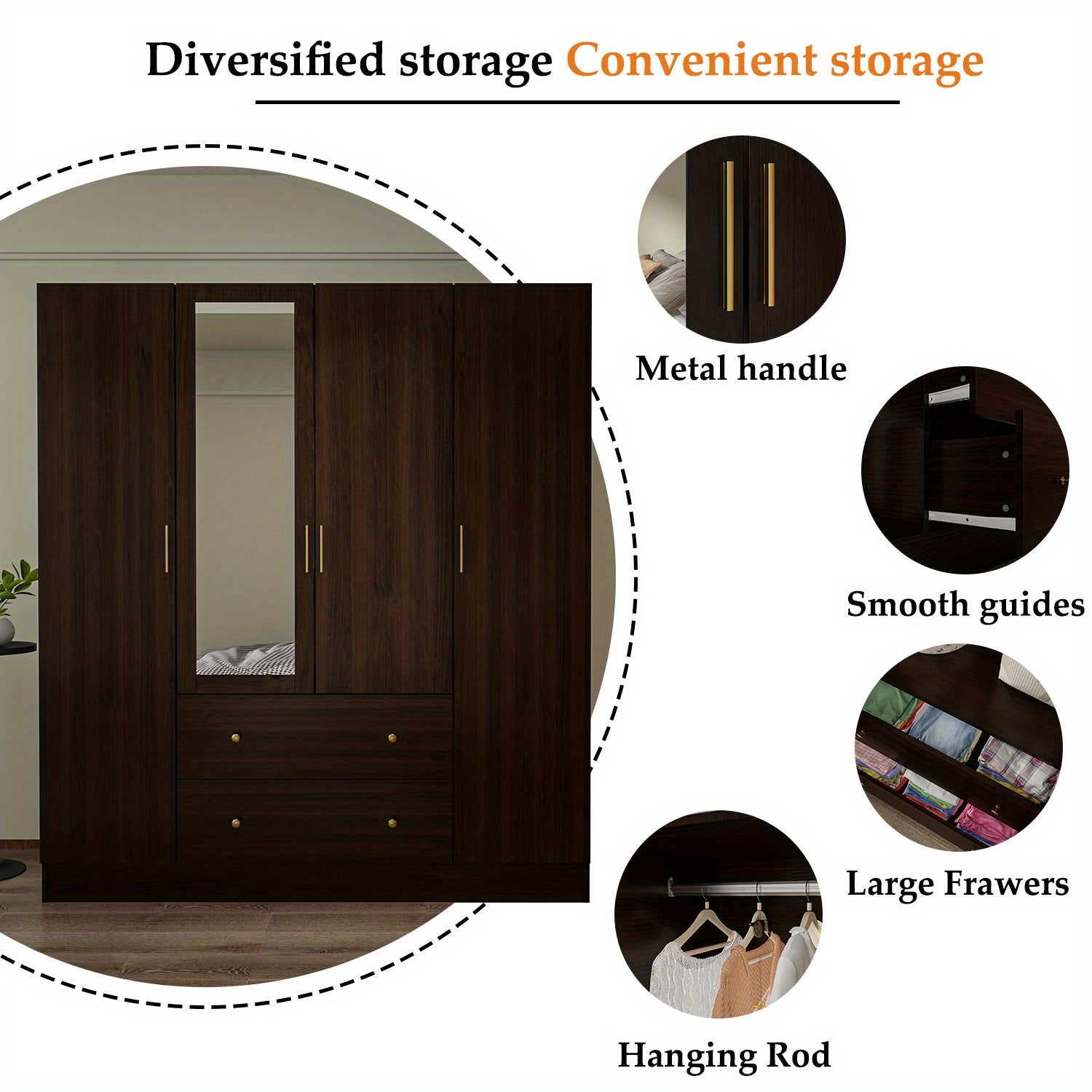 Wardrobe Closet with Mirror, Armoire with 2 Drawers and 5 Shelves, Penderie Wardrobe Armoire