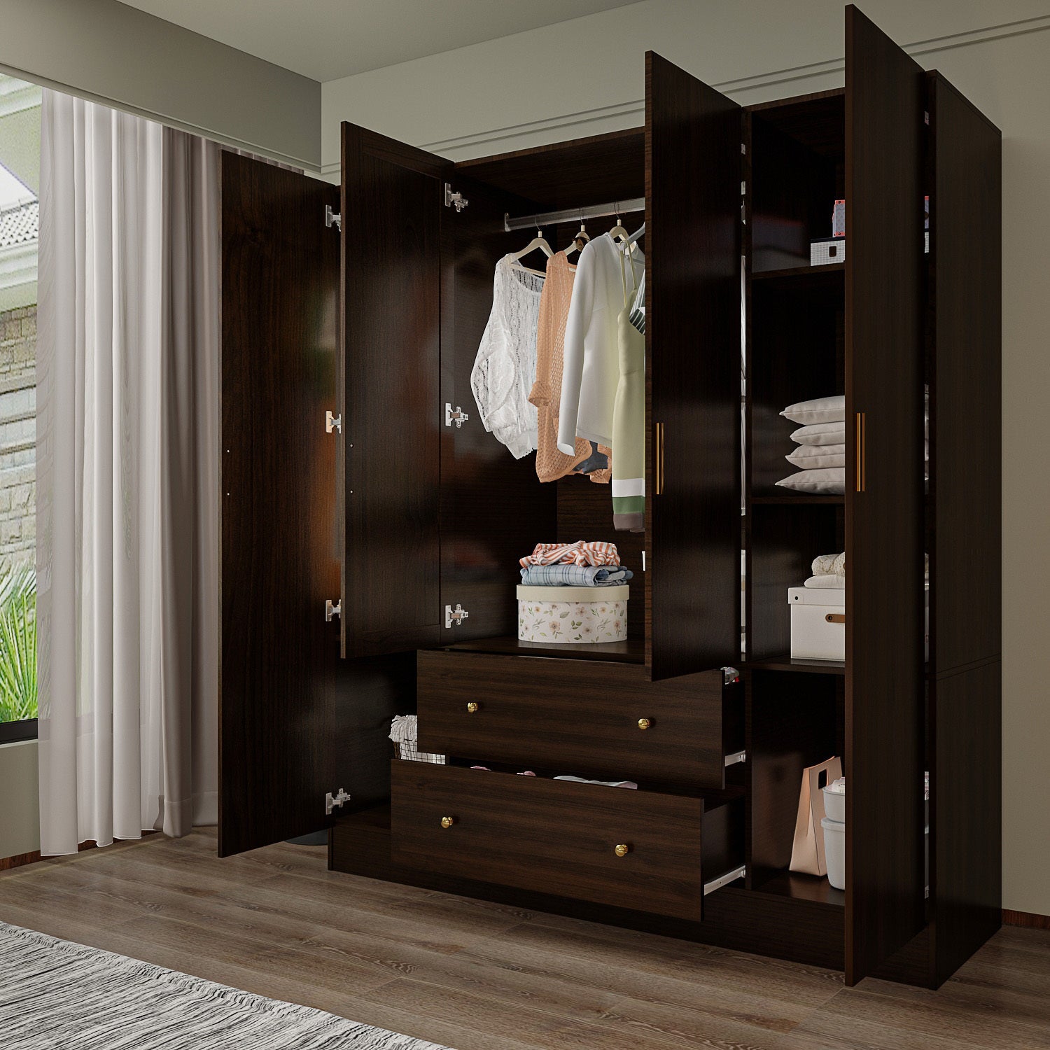 Wardrobe Closet with Mirror, Armoire with 2 Drawers and 5 Shelves, Penderie Wardrobe Armoire