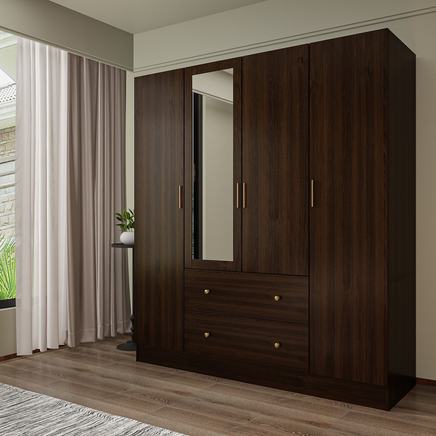 Wardrobe Closet with Mirror, Armoire with 2 Drawers and 5 Shelves, Penderie Wardrobe Armoire