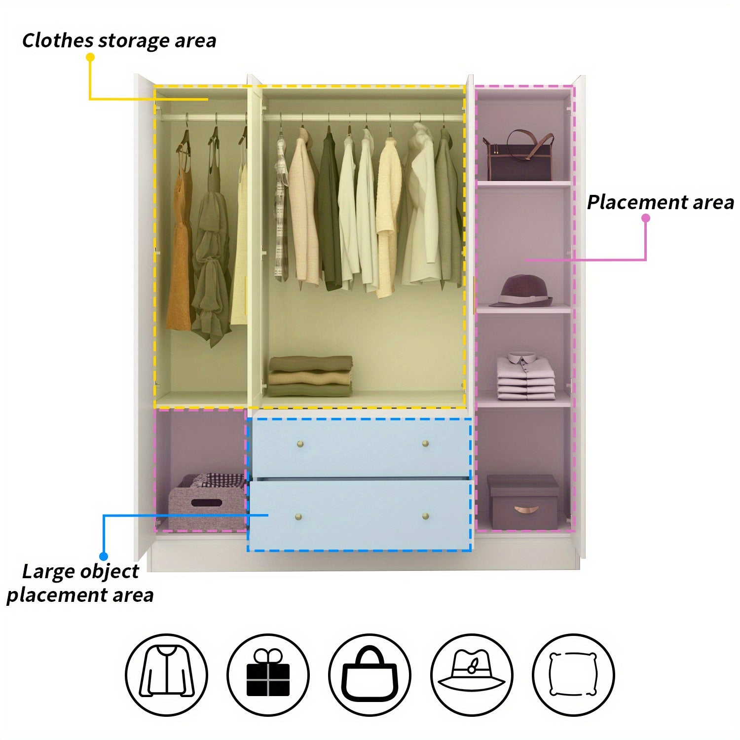 Wardrobe Closet with Mirror, Armoire with 2 Drawers and 5 Shelves, Penderie Wardrobe Armoire