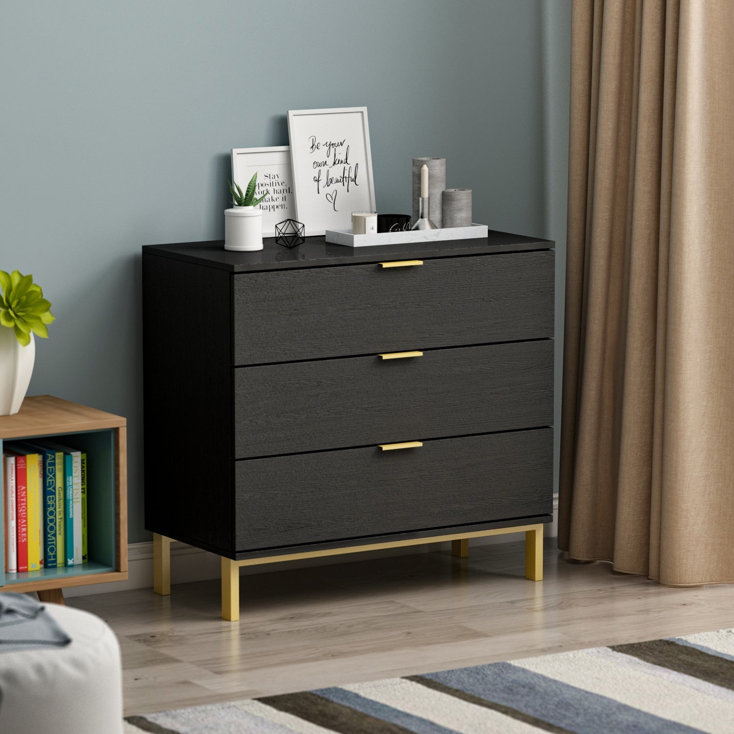 Nightstands with 3 Drawers Bedside Table 3 Drawer Dresser, Large Nightstand with Gold Metal Legs for Bedroom