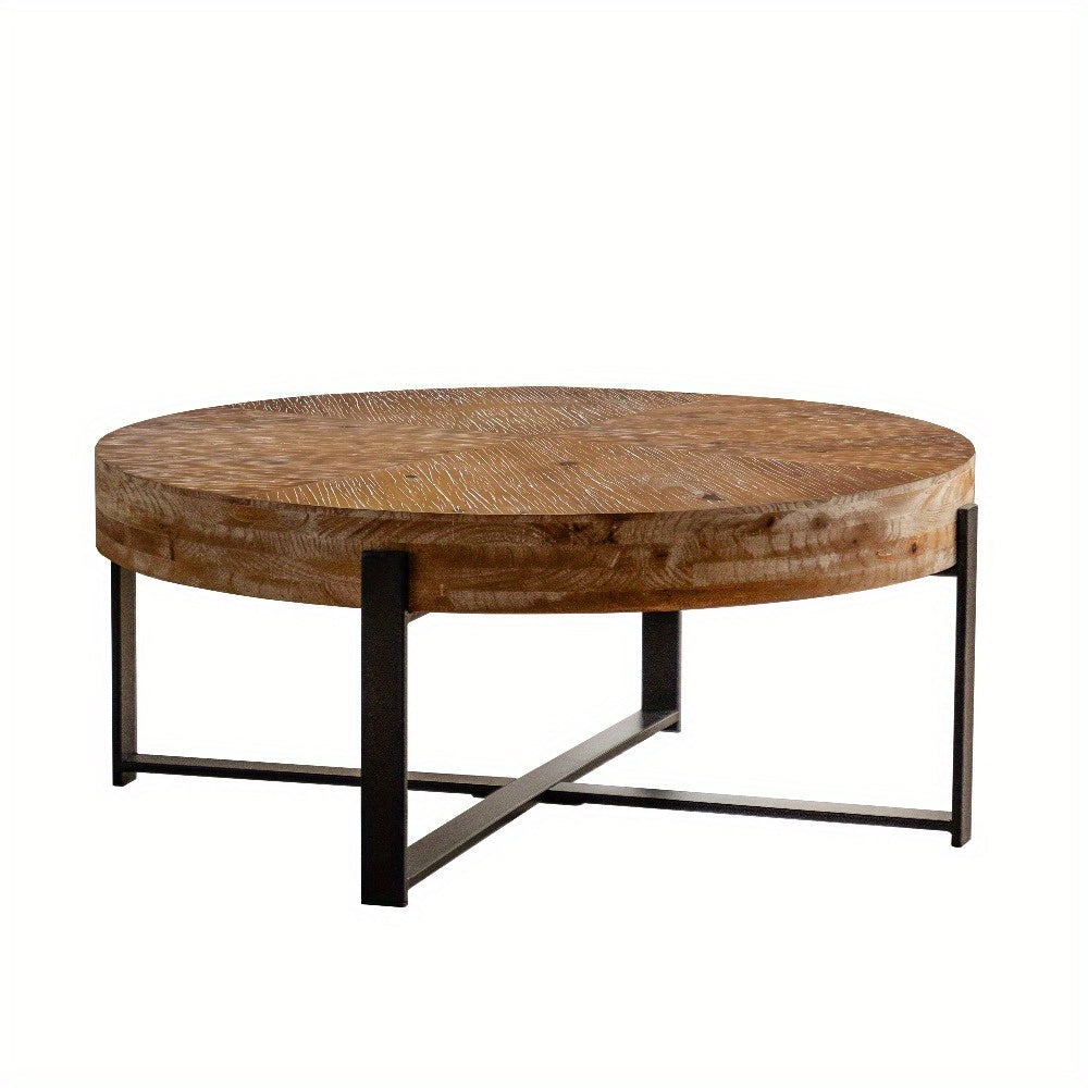 Modern Retro Splicing Round Coffee Table, Retro Style Coffee Table, Fir Wood Table Top with Black Cross Legs Base, Round Natural Finish for Living Room