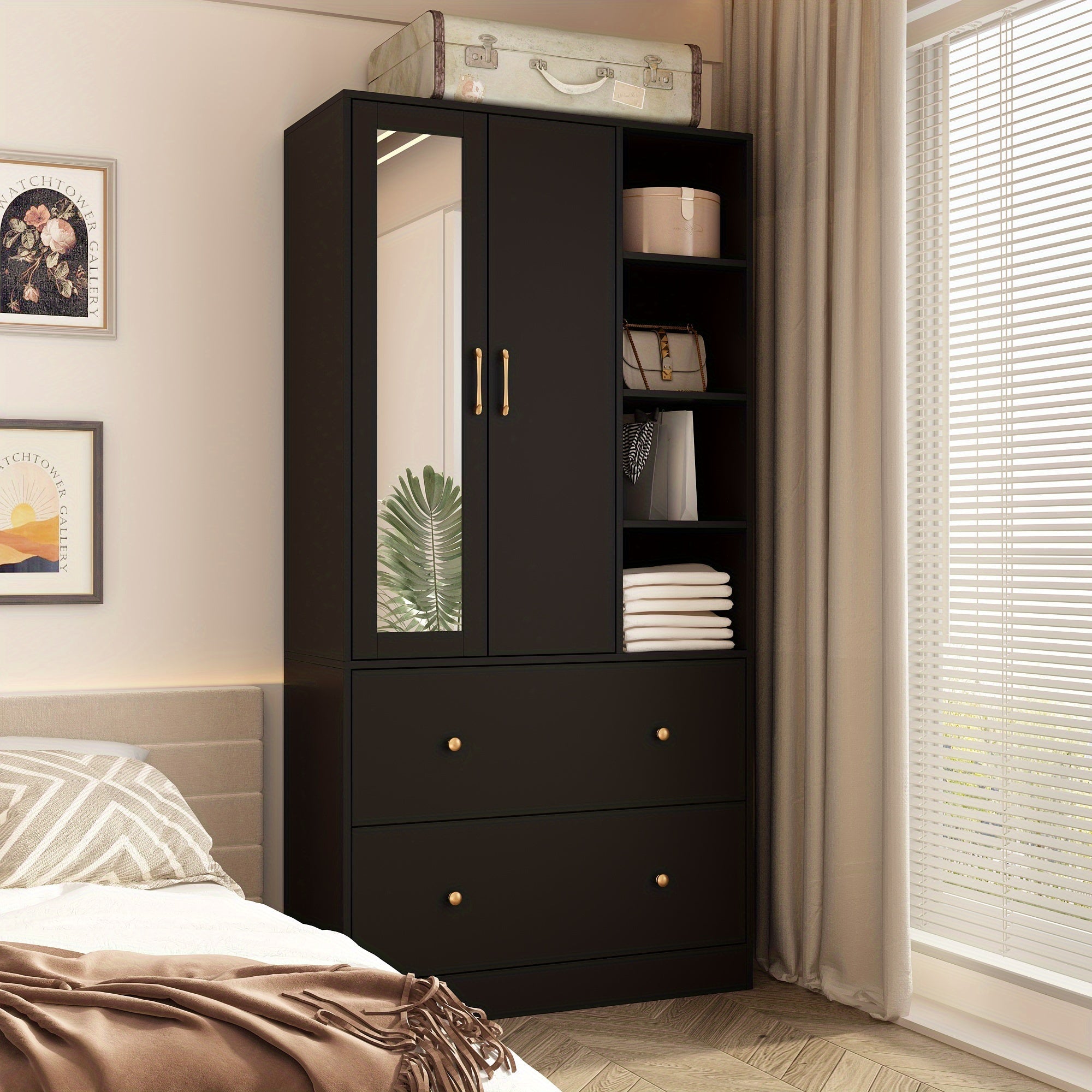 2-Door Wardrobe Armoire, Large Freestanding Armoire Wardrobe Closet for Clothes