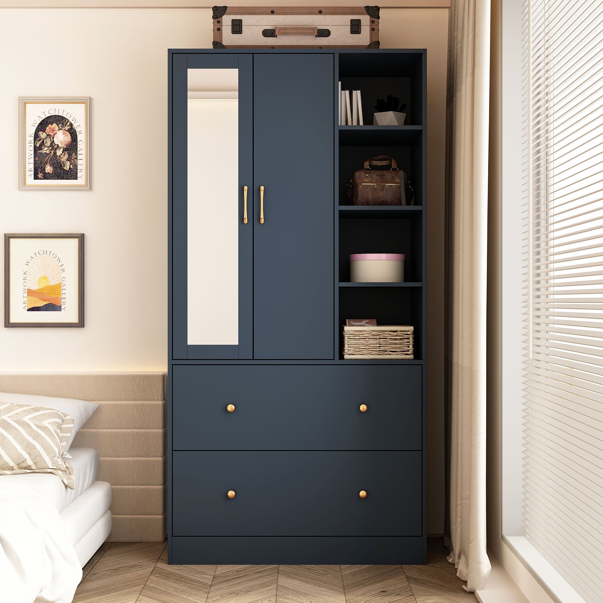 2-Door Wardrobe Armoire, Large Freestanding Armoire Wardrobe Closet for Clothes