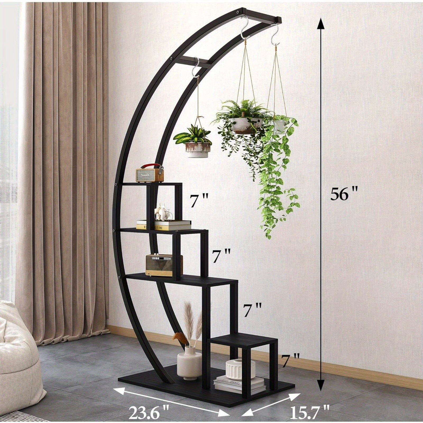 Plant Stand Indoor 5 Tier Tall, Metal Half Moon Plant Shelf 2 Pack, Stylish Tiered Flower Rack for Multiple Plants Display, Tall and Space-Saving Design