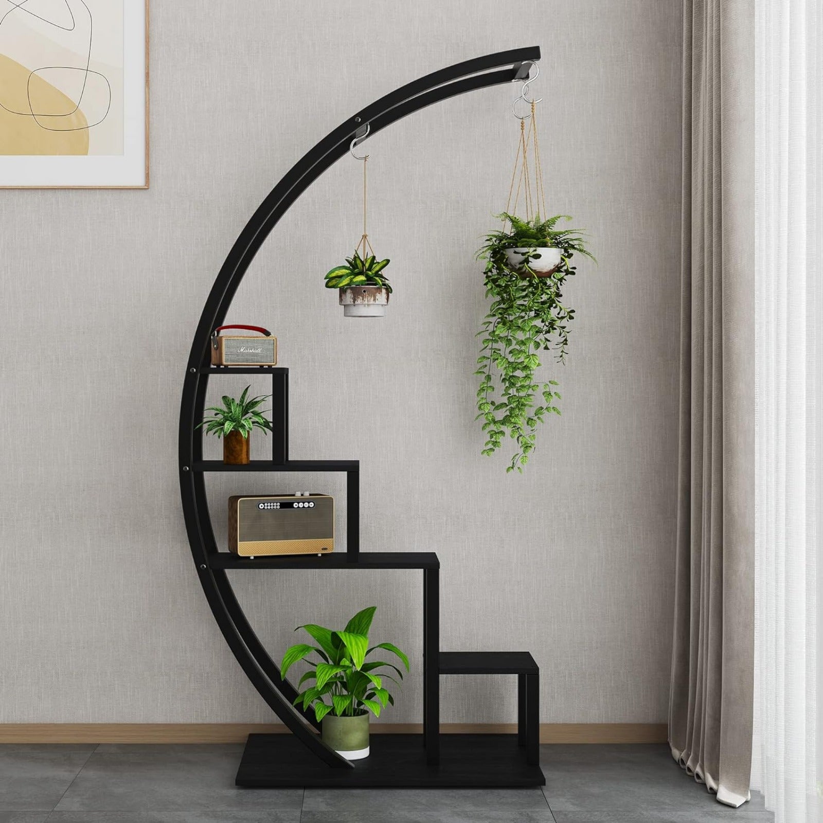 Plant Stand Indoor 5 Tier Tall, Metal Half Moon Plant Shelf 2 Pack, Stylish Tiered Flower Rack for Multiple Plants Display, Tall and Space-Saving Design