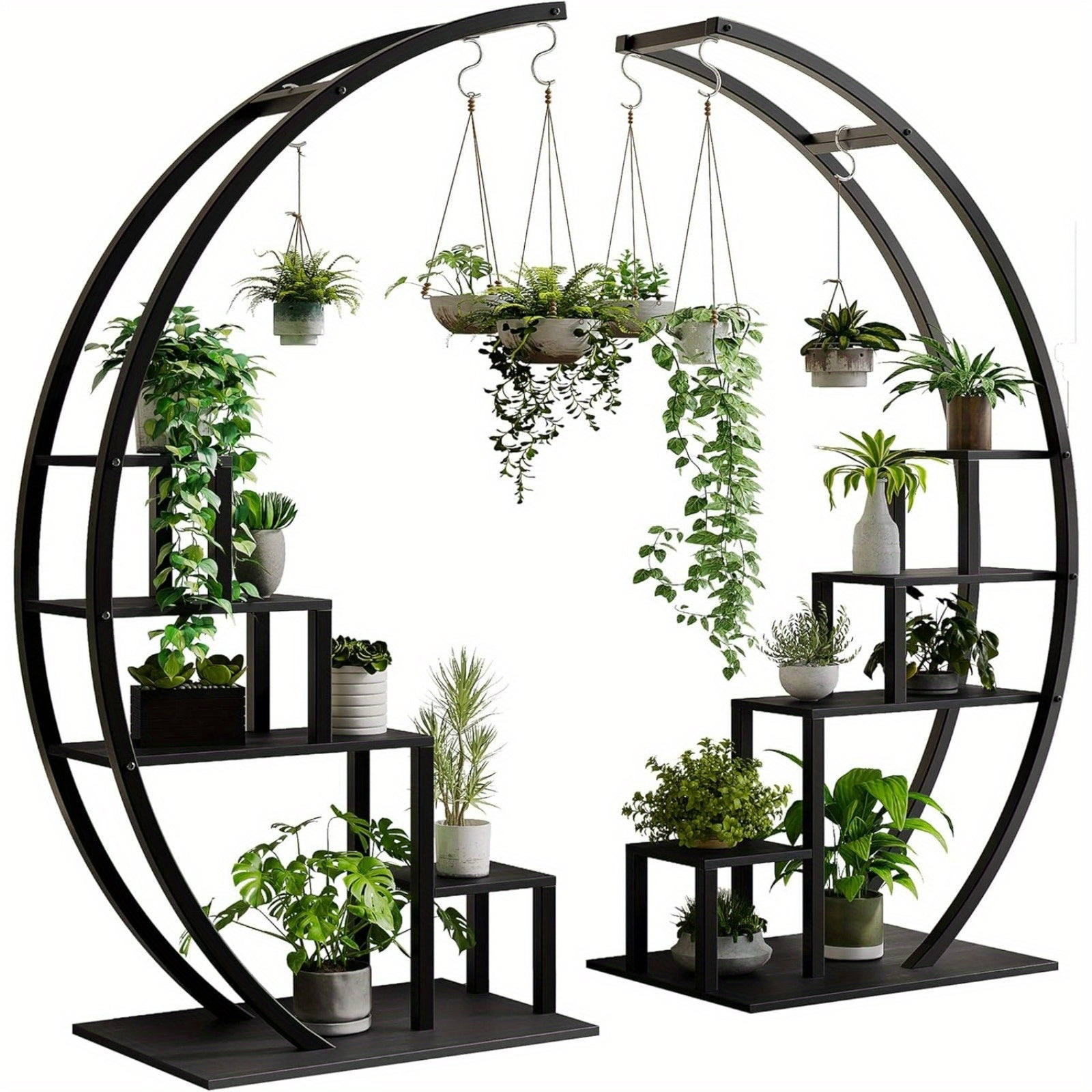 Plant Stand Indoor 5 Tier Tall, Metal Half Moon Plant Shelf 2 Pack, Stylish Tiered Flower Rack for Multiple Plants Display, Tall and Space-Saving Design