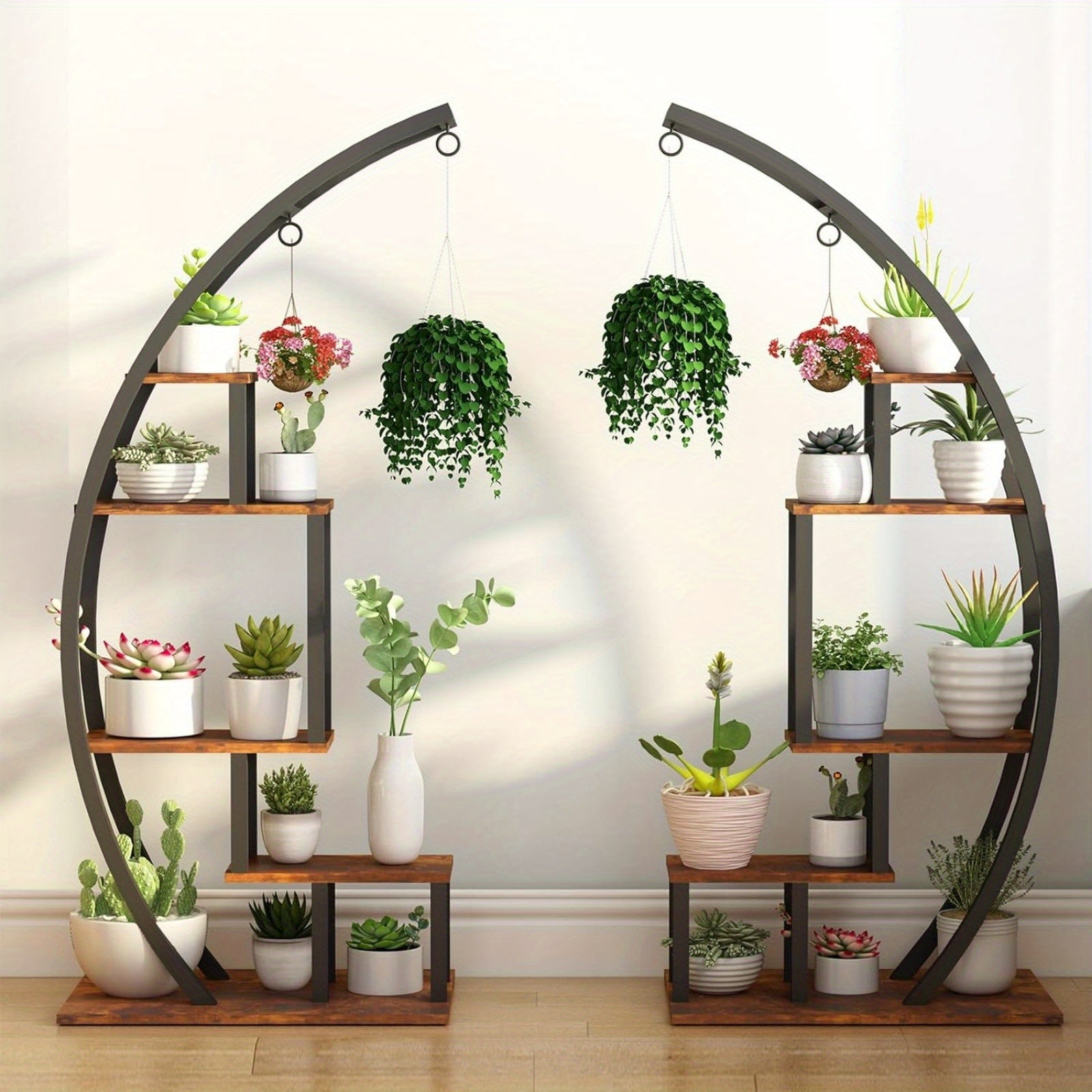 Plant Stand Indoor 5 Tier Tall, Metal Half Moon Plant Shelf 2 Pack, Stylish Tiered Flower Rack for Multiple Plants Display, Tall and Space-Saving Design