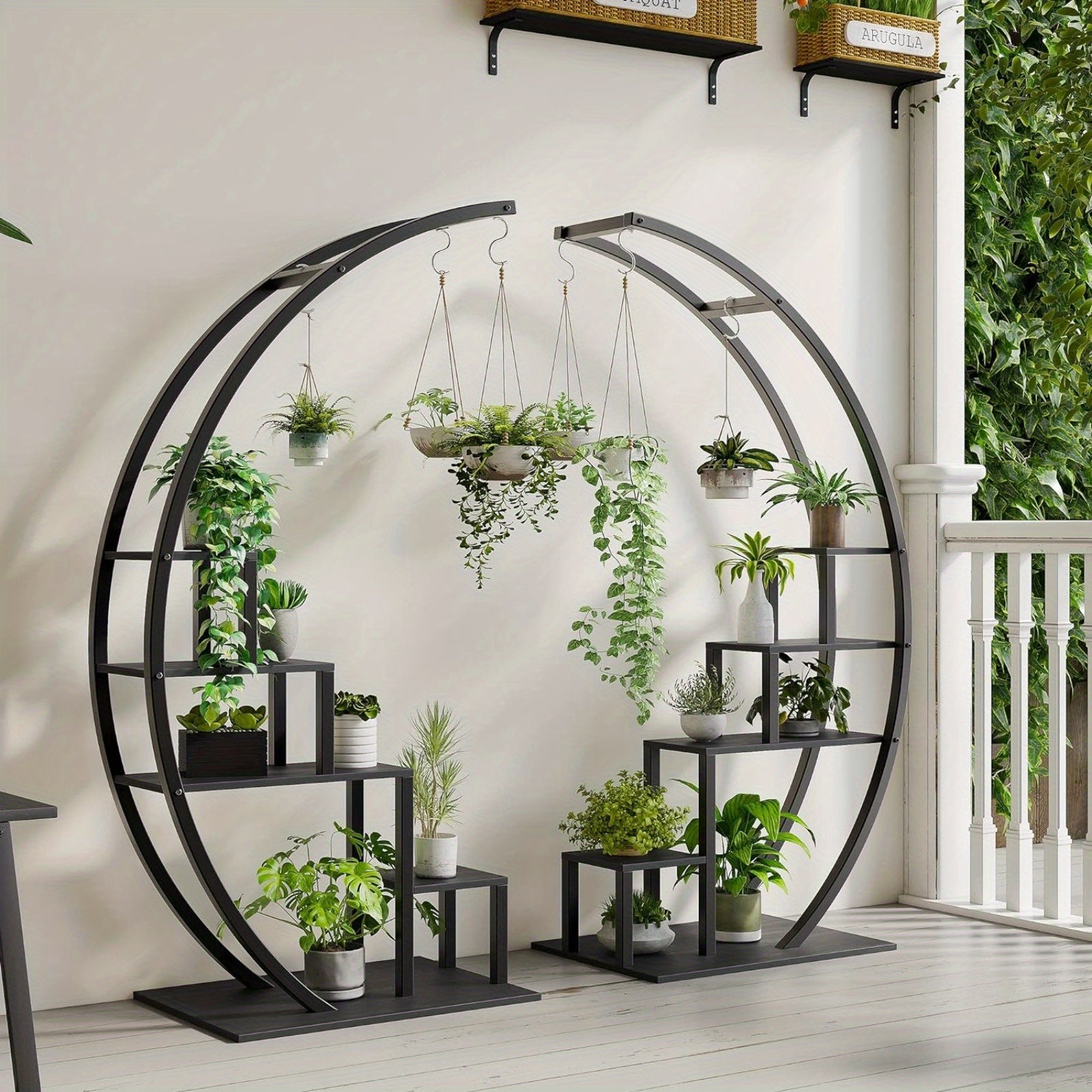 Plant Stand Indoor 5 Tier Tall, Metal Half Moon Plant Shelf 2 Pack, Stylish Tiered Flower Rack for Multiple Plants Display, Tall and Space-Saving Design