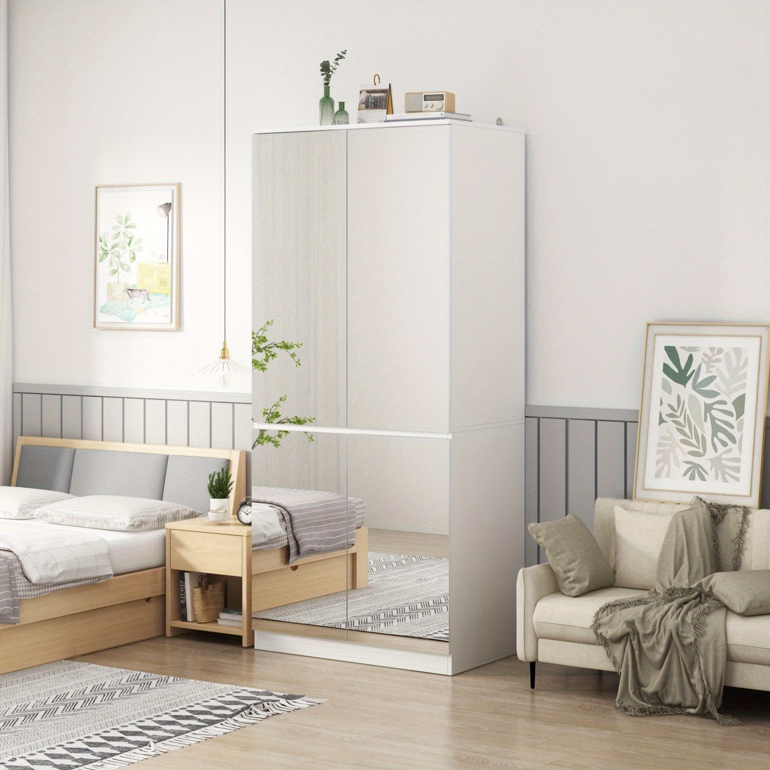 White Wooden Armoire with 4 Full-Length Glass Mirror Doors & Hanging Rod - Spacious Bedroom Wardrobe for Dresses, Coats & Accessories Storage, Water-Resistant MDF, Easy Assembly, Accessory Storage|Modern Bedroom Furni