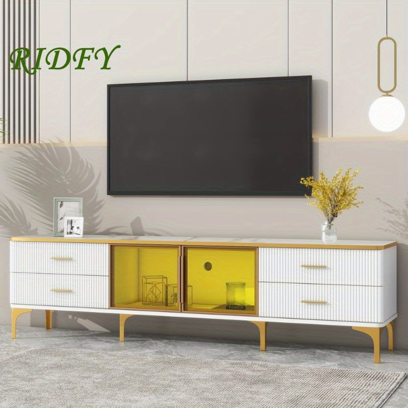 Stylish LED TV Stand with Marble-veined Table Top for TVs Up to 78'', Entertainment Center with Brown Glass Storage Cabinet, Golden Legs & Handles for Living Room, White