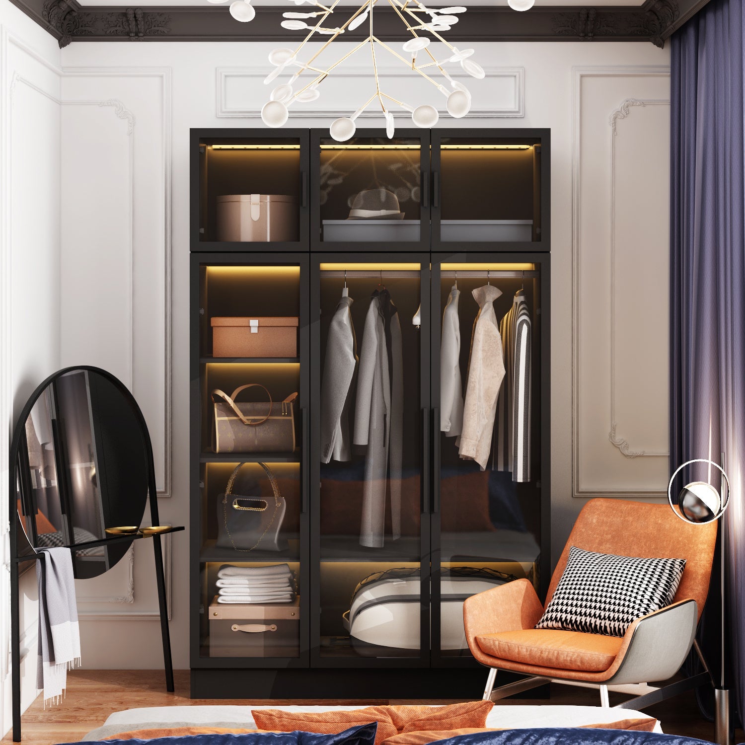 Three-Door Armoire, LED Light, All-Glass Door Closet Cabinet Wardrobe