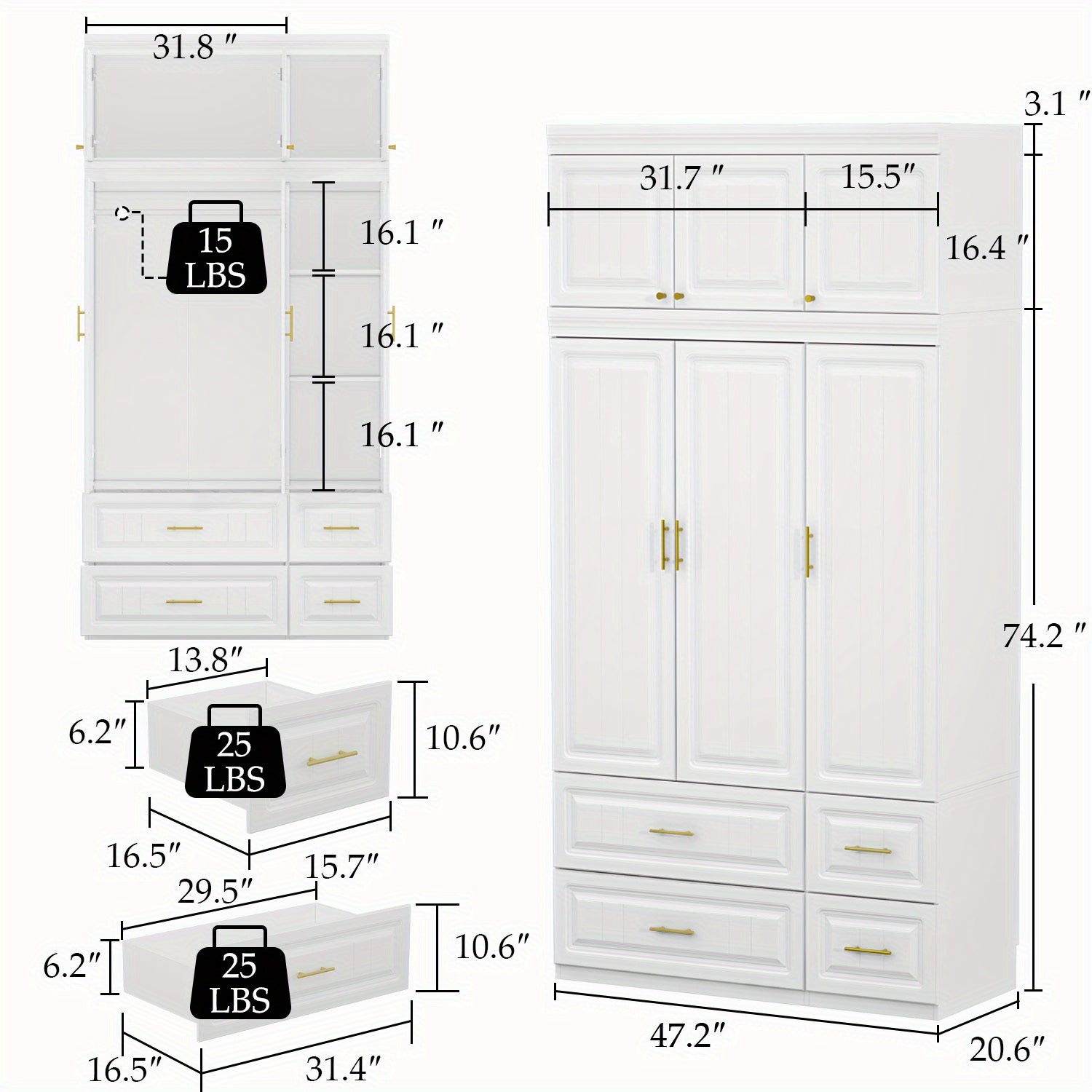 Large Armoire Combo Wardrobe, Closet Storage Cabinet, White