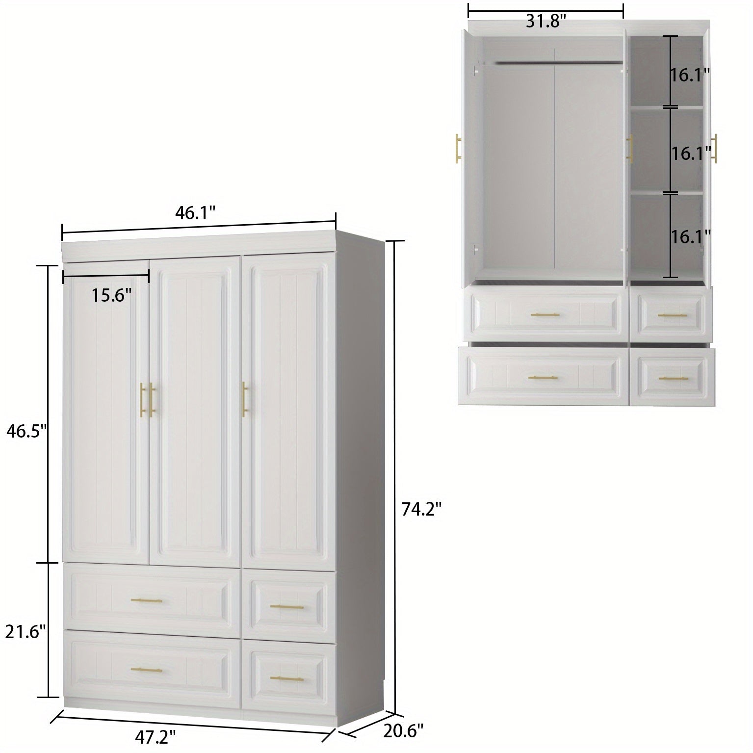 Large Armoire Combo Wardrobe, Closet Storage Cabinet, White