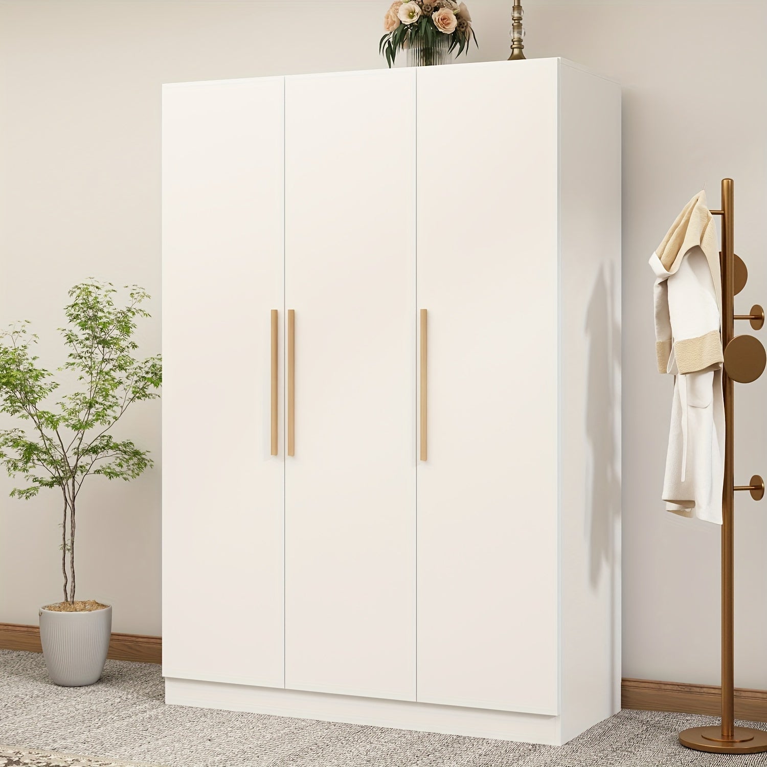 Wooden Bedroom Wardrobe Armoire with 4-Tier Shelves, Hanging Rod, and 3 Doors - Ideal for Bedroom Clothing Storage (47.2" Width x 18.9" Depth x 70.8" Height)