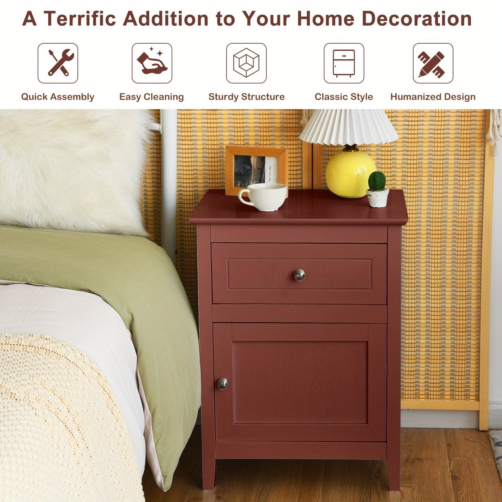 Nightstand with Drawer Accent Side End Table Storage Cabinet Cherry