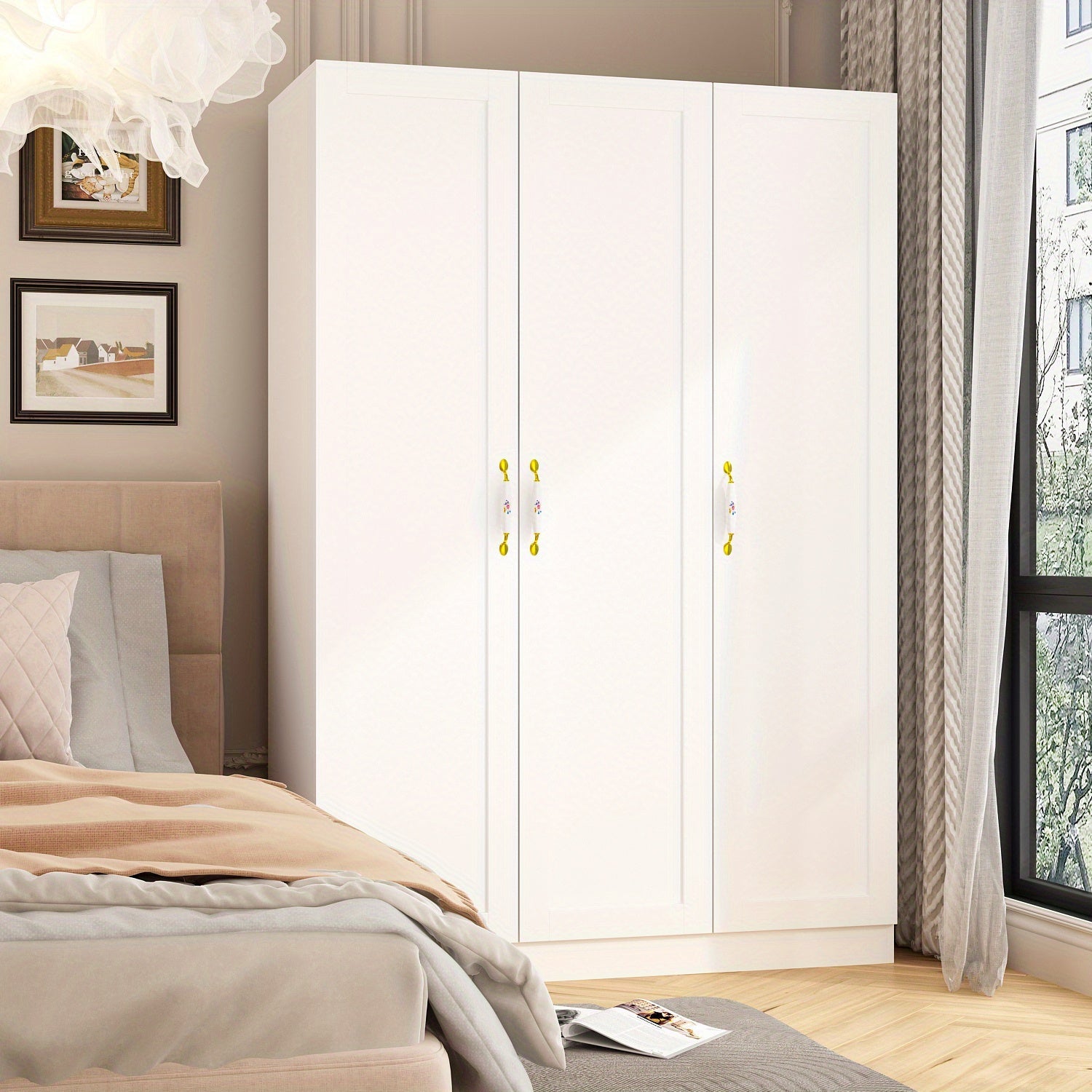 Large Wardrobe Armoire Wooden Closet with 3 Doors, 5 Storage Compartments, 2 Hanging Rods & Decorative Handles for Bedroom, White (47.2"L x 18.3"W x 69.7"H)