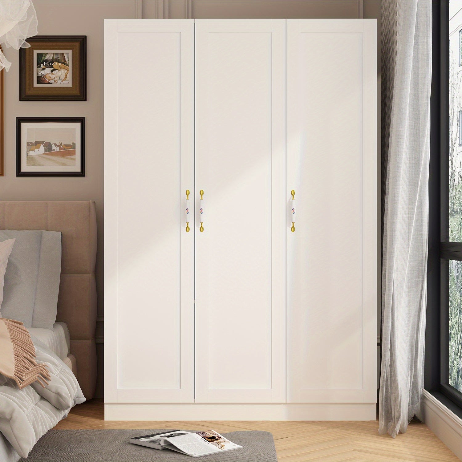 Large Wardrobe Armoire Wooden Closet with 3 Doors, 5 Storage Compartments, 2 Hanging Rods & Decorative Handles for Bedroom, White (47.2"L x 18.3"W x 69.7"H)