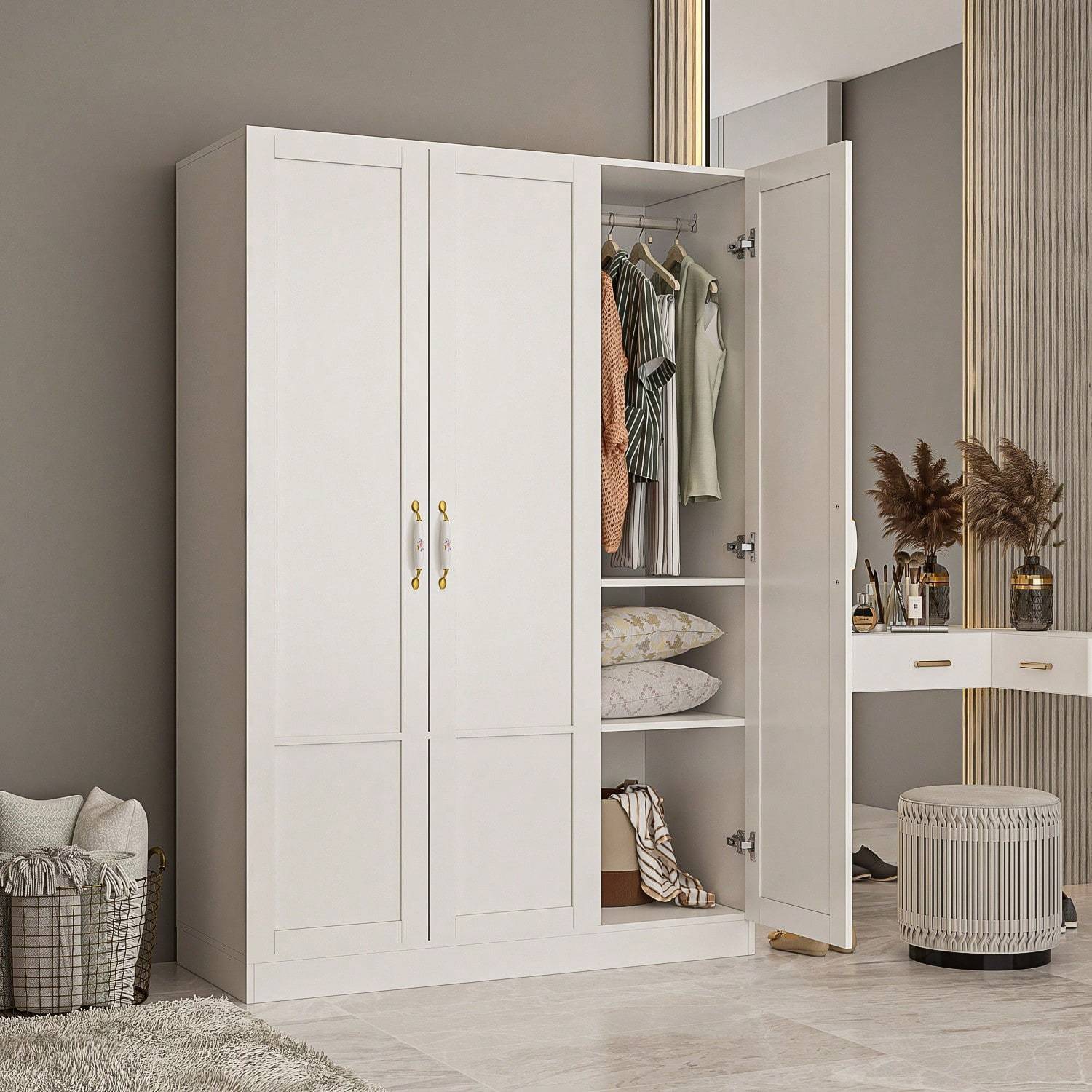 Large Wardrobe Armoire Wooden Closet with 3 Doors, 5 Storage Compartments, 2 Hanging Rods & Decorative Handles for Bedroom, White (47.2"L x 18.3"W x 69.7"H)