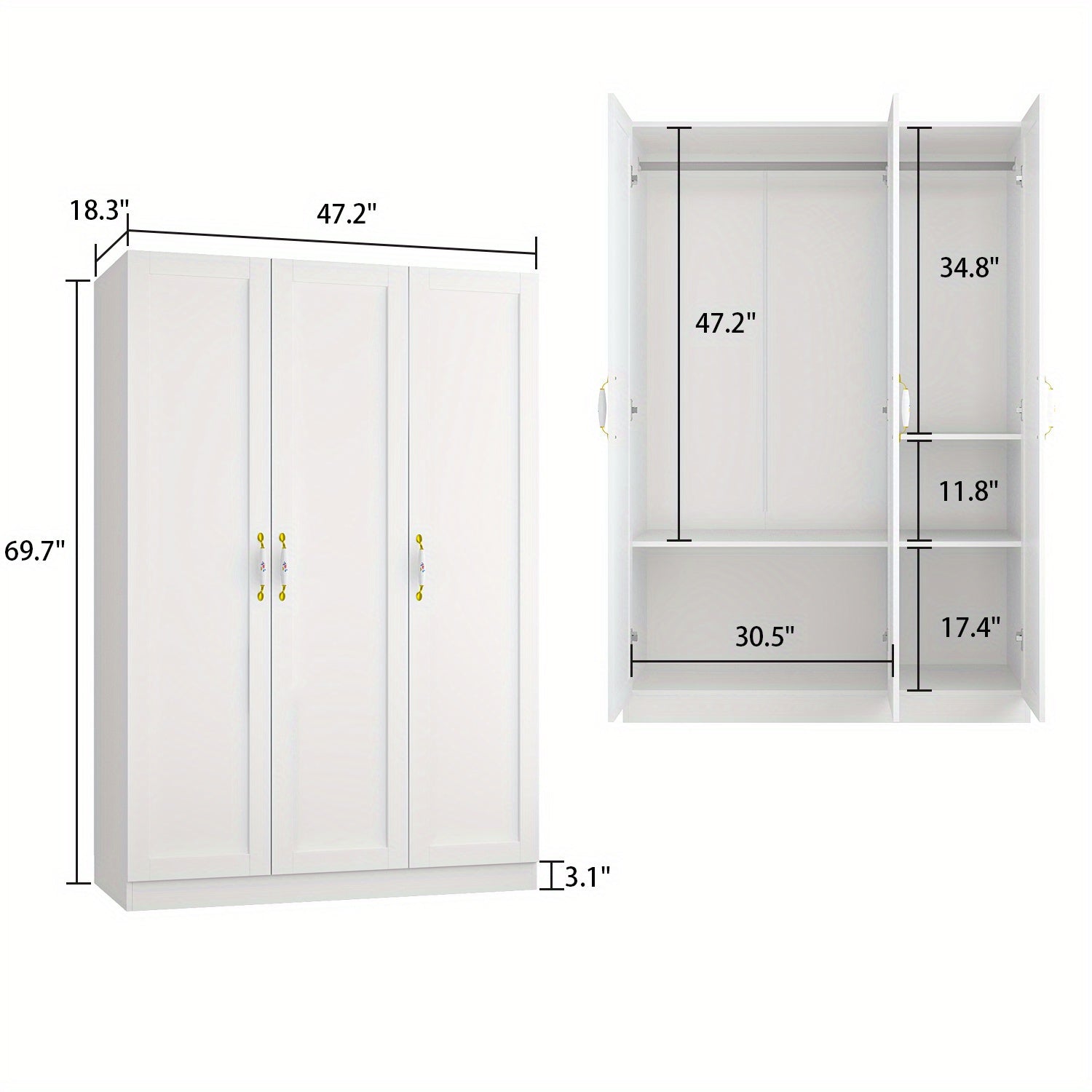 Large Wardrobe Armoire Wooden Closet with 3 Doors, 5 Storage Compartments, 2 Hanging Rods & Decorative Handles for Bedroom, White (47.2"L x 18.3"W x 69.7"H)