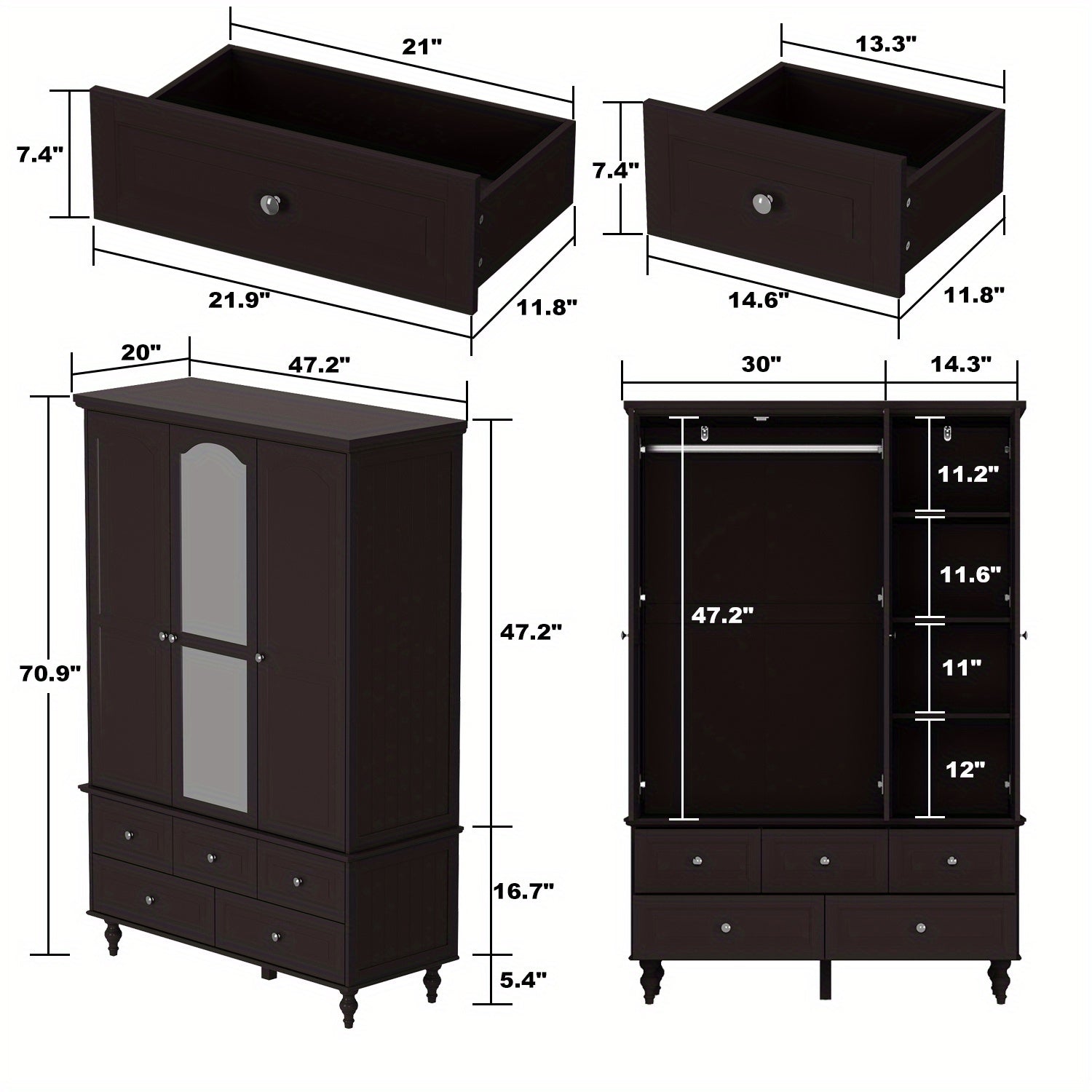 Three-Door Wooden Freestanding Wardrobe Armoire Closet with Mirror, Five Drawers, and Hanging Rod