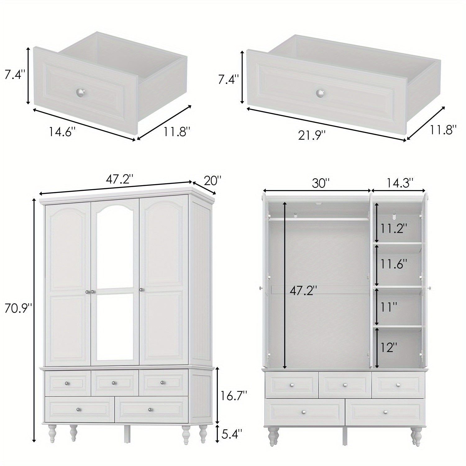 Three-Door Wooden Freestanding Wardrobe Armoire Closet with Mirror, Five Drawers, and Hanging Rod