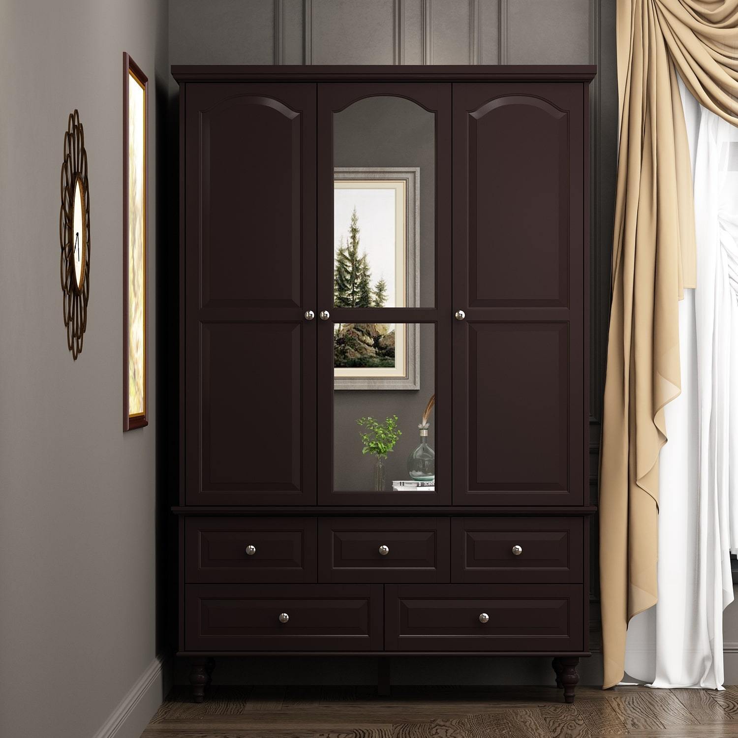 Three-Door Wooden Freestanding Wardrobe Armoire Closet with Mirror, Five Drawers, and Hanging Rod