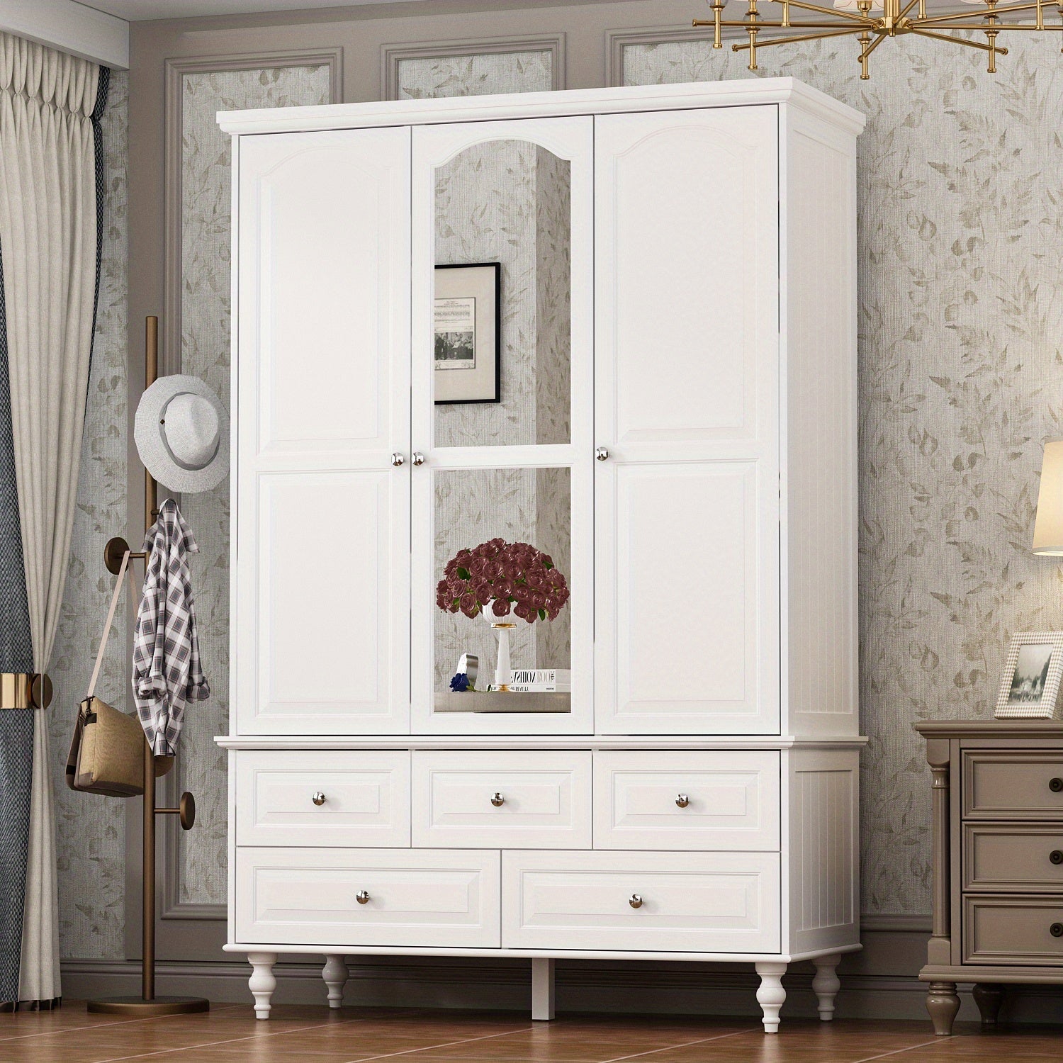 Three-Door Wooden Freestanding Wardrobe Armoire Closet with Mirror, Five Drawers, and Hanging Rod