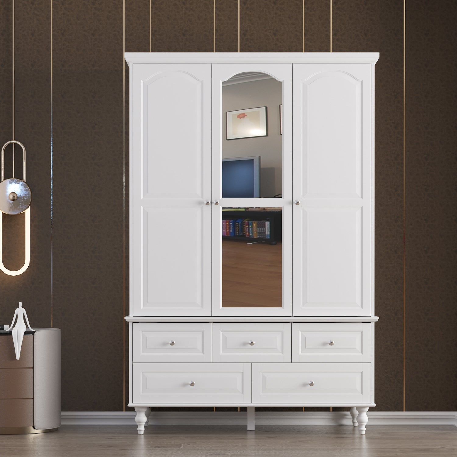 Three-Door Wooden Freestanding Wardrobe Armoire Closet with Mirror, Five Drawers, and Hanging Rod