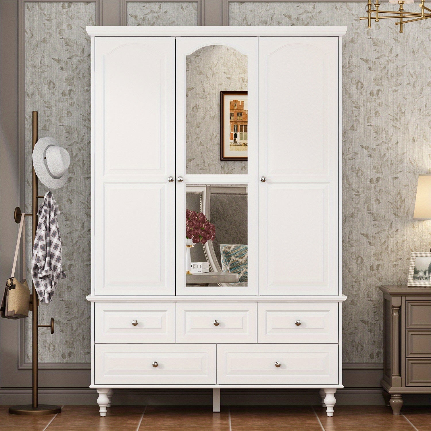 Three-Door Wooden Freestanding Wardrobe Armoire Closet with Mirror, Five Drawers, and Hanging Rod