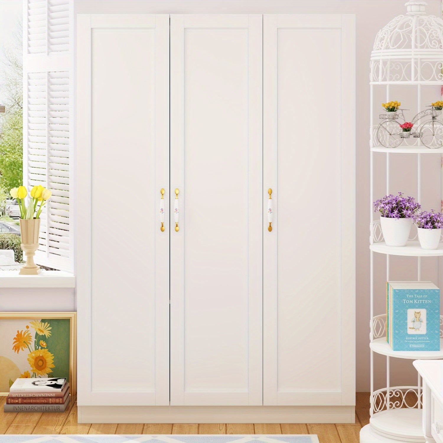 Large Wardrobe Armoire, Wooden Closet with 3 Doors, 5 Storage Compartments, 2 Hanging Rods, and Decorative Handles for Bedroom, White