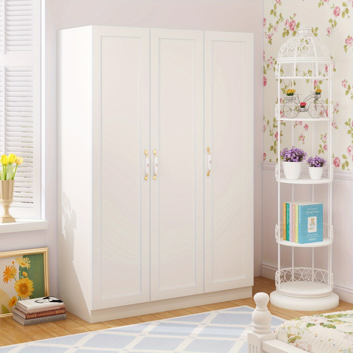 Large Wardrobe Armoire, Wooden Closet with 3 Doors, 5 Storage Compartments, 2 Hanging Rods, and Decorative Handles for Bedroom, White