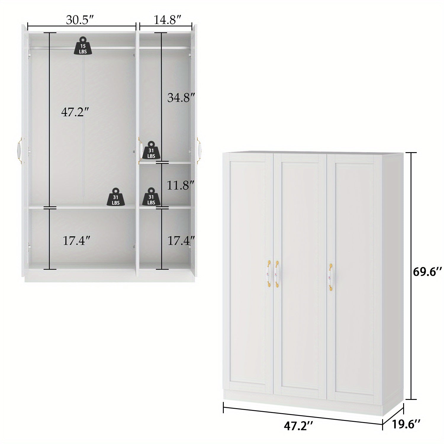 Large Wardrobe Armoire, Wooden Closet with 3 Doors, 5 Storage Compartments, 2 Hanging Rods, and Decorative Handles for Bedroom, White