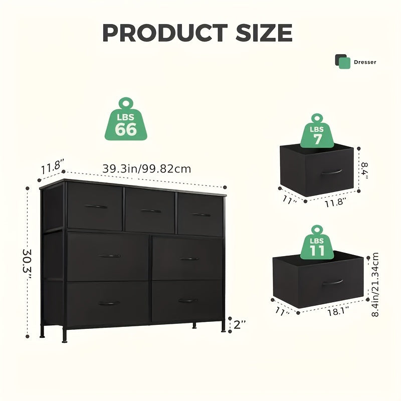 7-Drawer Fabric Storage Tower Dresser With Wooden Top, Supports Up To 45" TV, Spacious Storage Supplies For Bedroom, Wardrobe, Entryway & Nursery, Casual Style Freestanding Chest, Includes Cloth Storage Bins