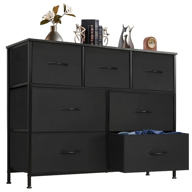 7-Drawer Fabric Storage Tower Dresser With Wooden Top, Supports Up To 45" TV, Spacious Storage Supplies For Bedroom, Wardrobe, Entryway & Nursery, Casual Style Freestanding Chest, Includes Cloth Storage Bins