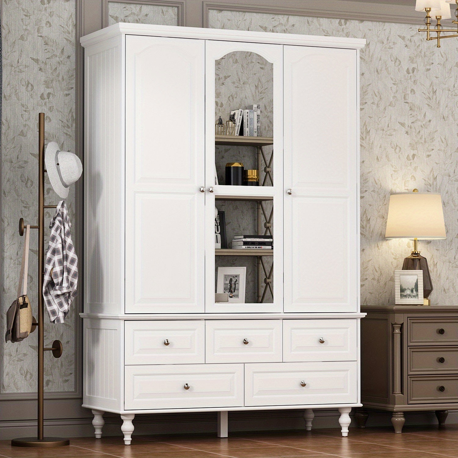 3-Door 5-Drawer Wardrobe with Mirror and Hanging Rod Modern Armoire Closet for Bedroom - Wardrobe & Armoire’s Westberry