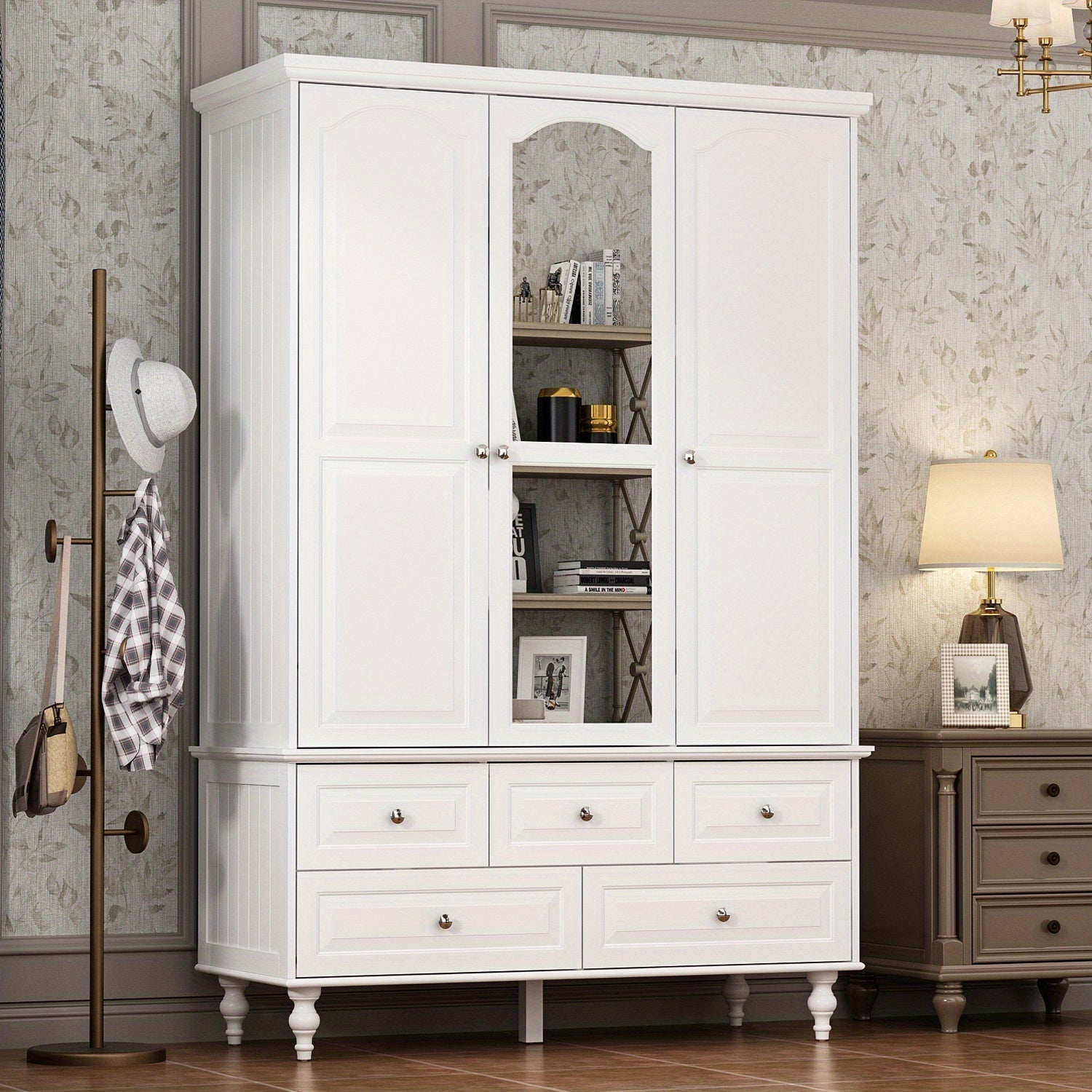 3-Door, 5-Drawer Wardrobe with Mirror and Hanging Rod, Modern Armoire Closet for Bedroom