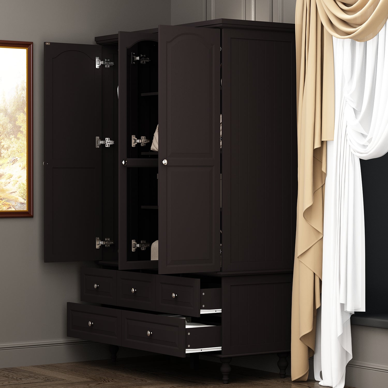 3-Door, 5-Drawer Wardrobe with Mirror and Hanging Rod, Modern Armoire Closet for Bedroom