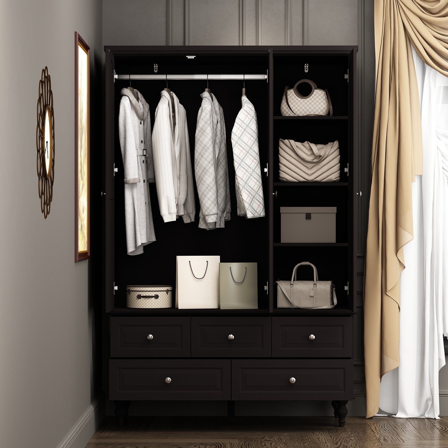 3-Door, 5-Drawer Wardrobe with Mirror and Hanging Rod, Modern Armoire Closet for Bedroom