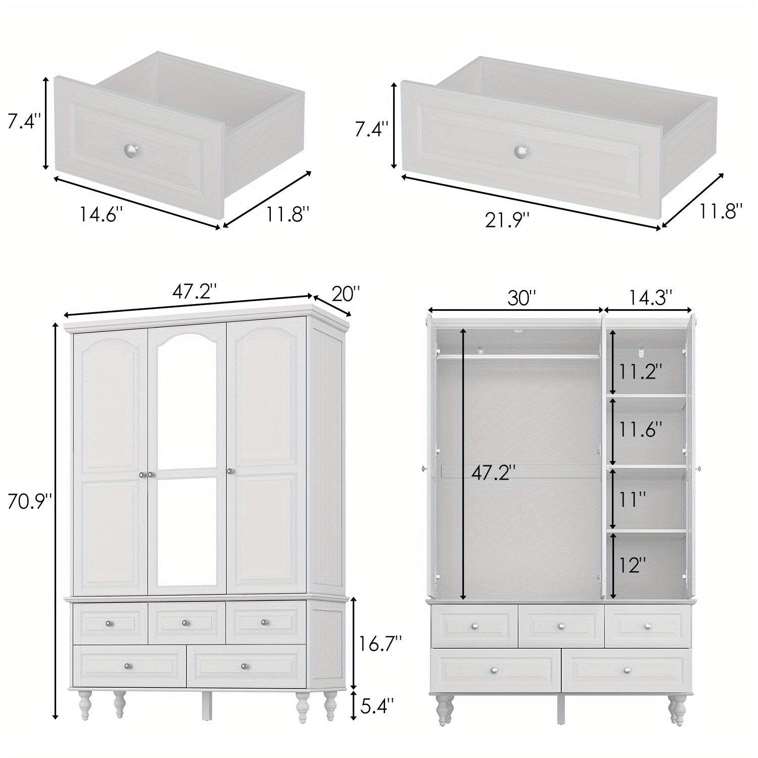 3-Door 5-Drawer Wardrobe with Mirror and Hanging Rod Modern Armoire Closet for Bedroom - Wardrobe & Armoire’s Westberry
