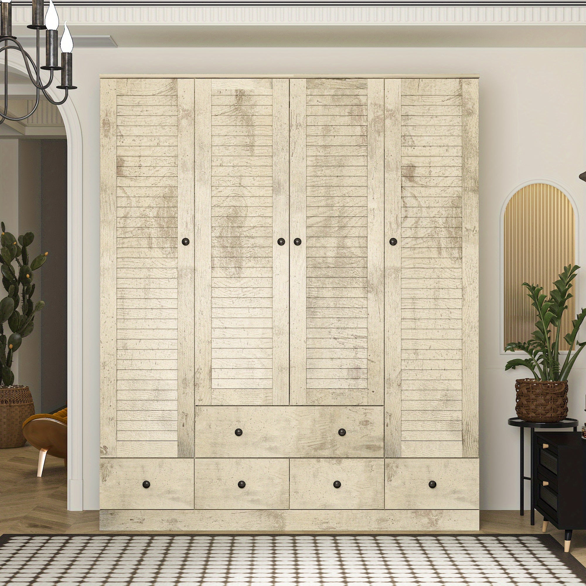 Large Wardrobe Armoire with Multi-Tier Shelves, 5 Drawers, Hanging Rod, and 4 Louver Doors, Wooden Closet Storage Cabinet for Bedroom